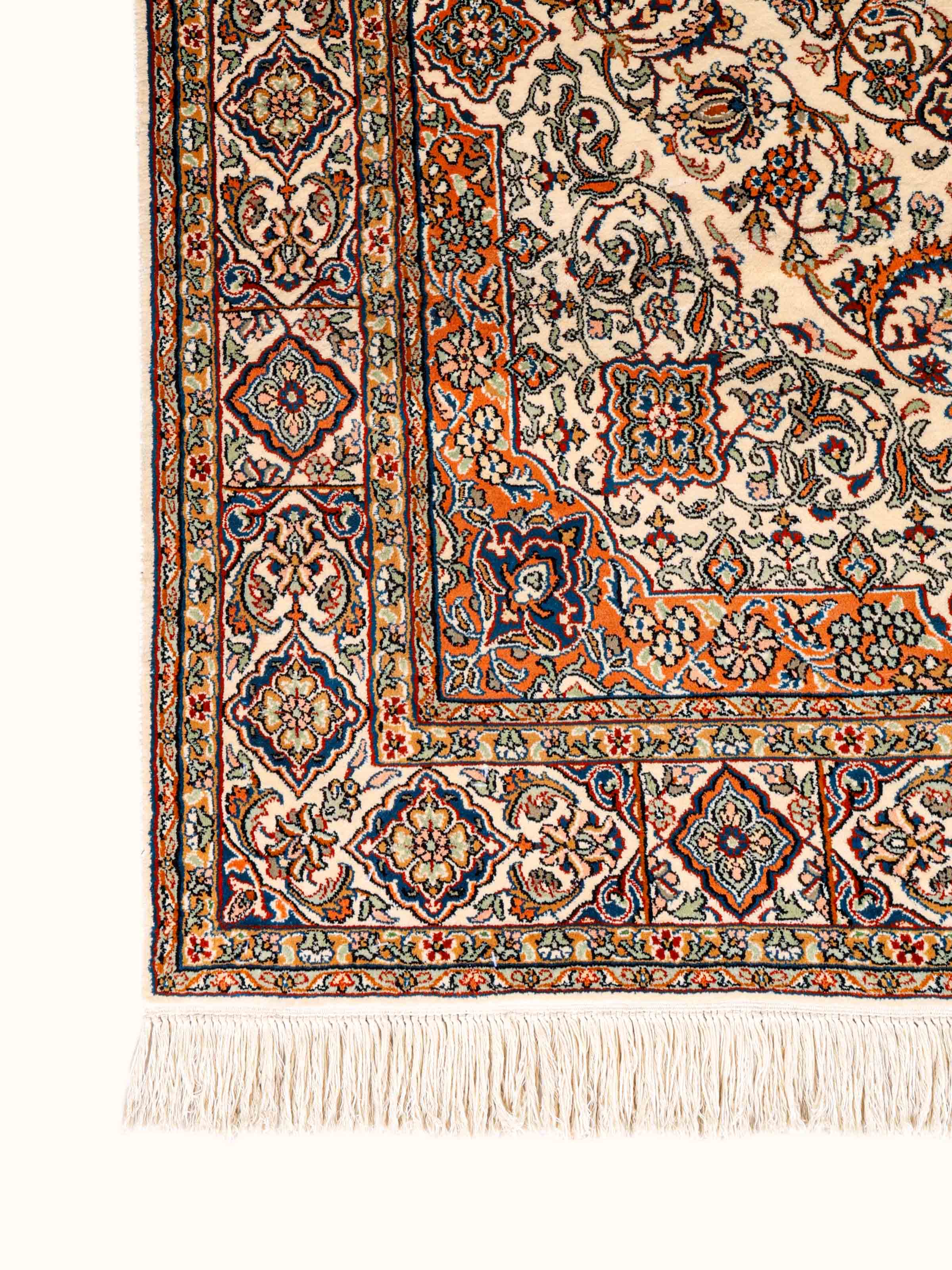 Traditional Persian Ivory Sadakdar Kashmir Silk Hand-knotted Runner