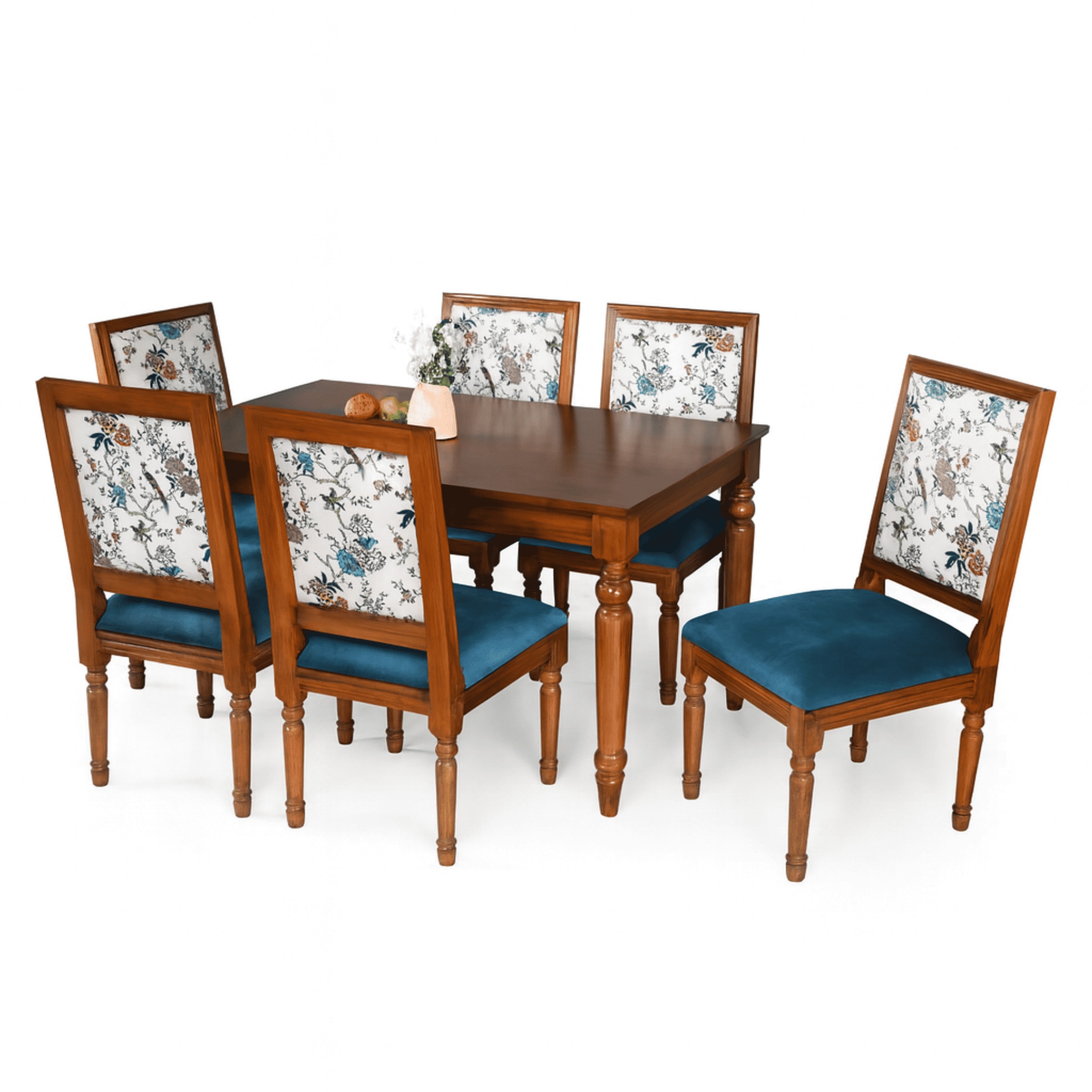 Globally Indian Sheesham Wood Turning Leg 6 Seater Dining Table Set With 6 Solid Wood Upholstered Chairs –  In Blue Color