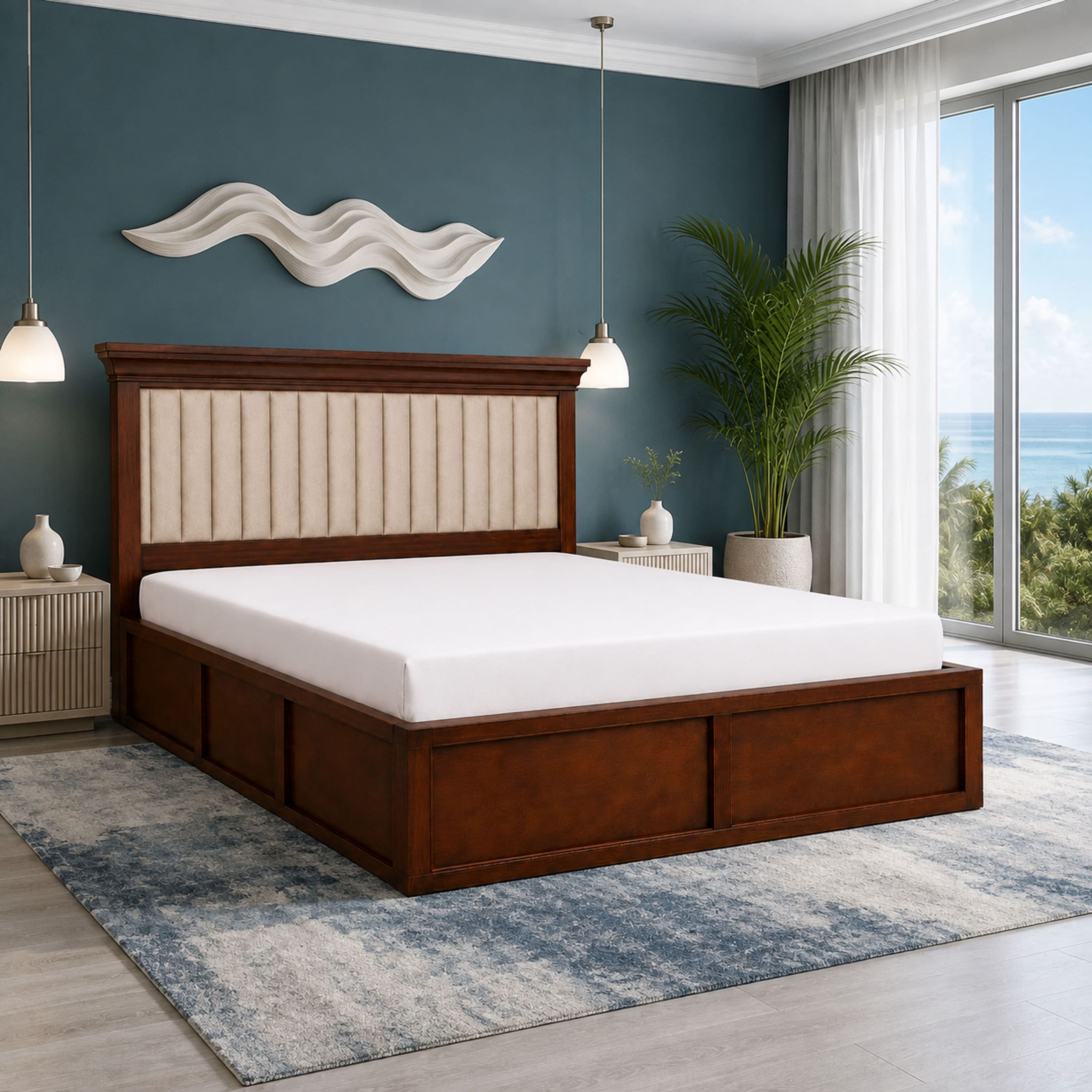 Leher Solid Wood Compact Queen Bed Box Storage Provincial Teak Finish Mattress 60 x 72 Inches