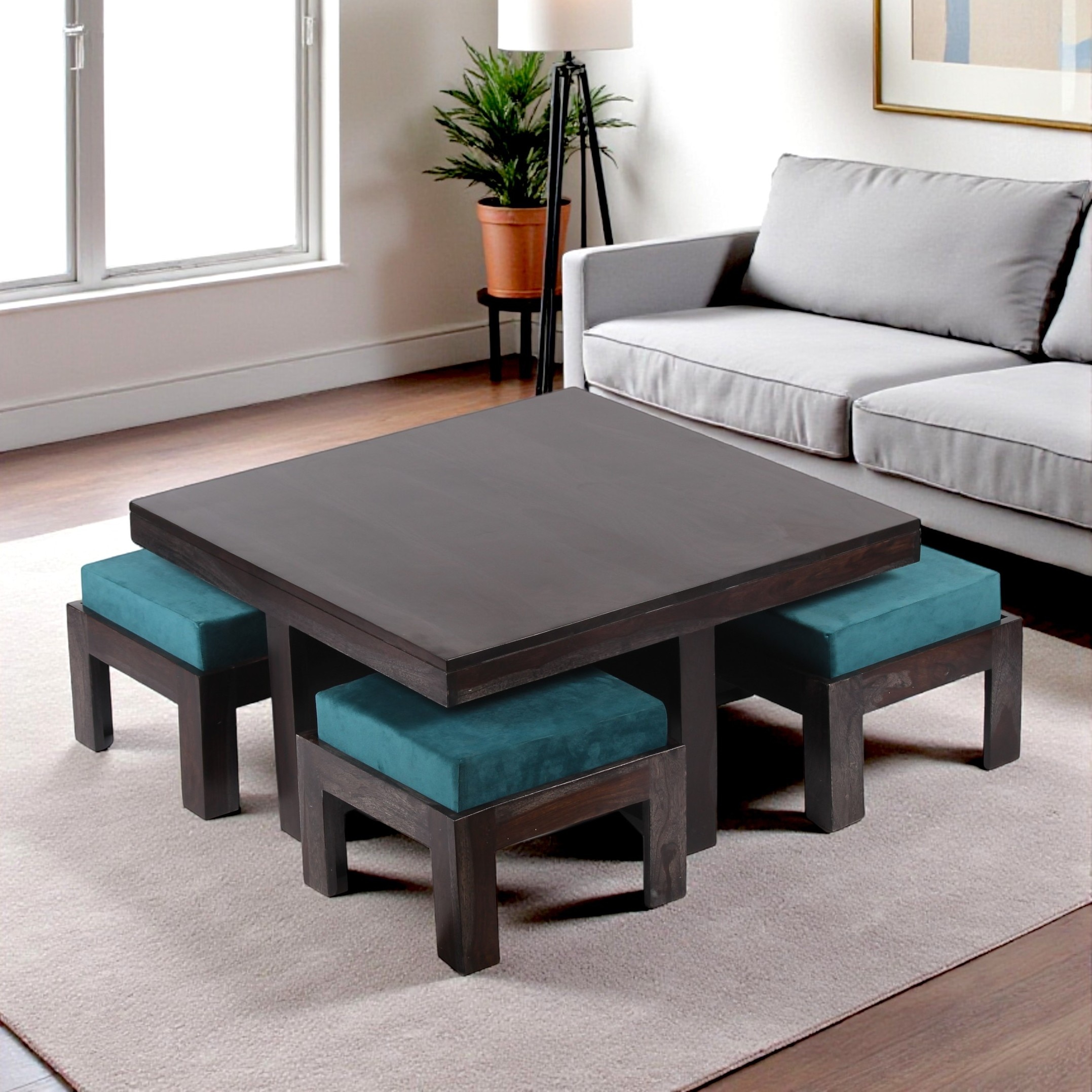 Blane Sheesham Wood Coffee Table With 4 Stools Set In Mahogany Finish & Turquoise Sea Velvet Fabric Cushions - Ikiriya