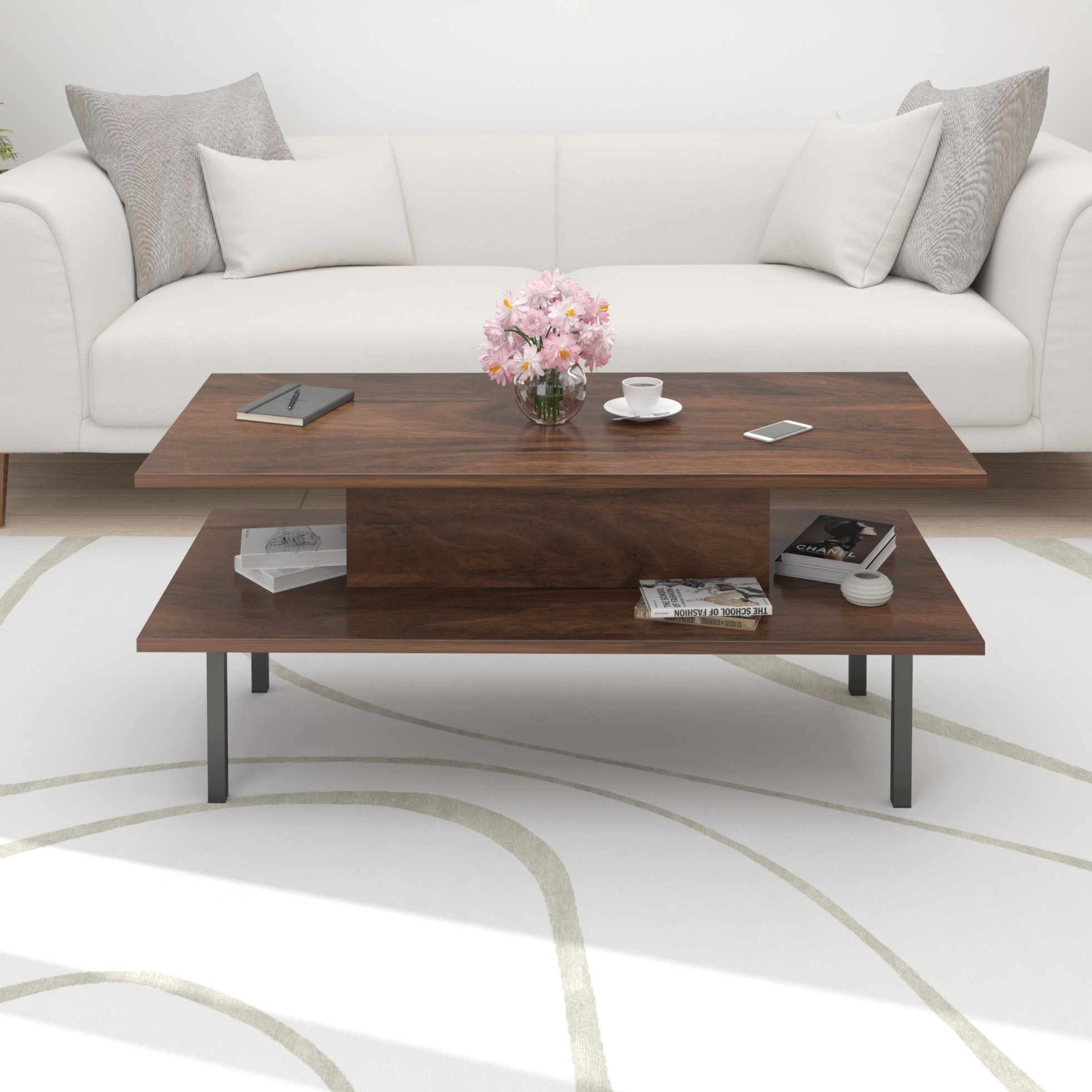 BLUEWUD Eatame Standard Engineered Wood Coffee Center Sofa Tea/Teapoy Console Table for Sofa Set Living Room Home Hall (Brown Maple)