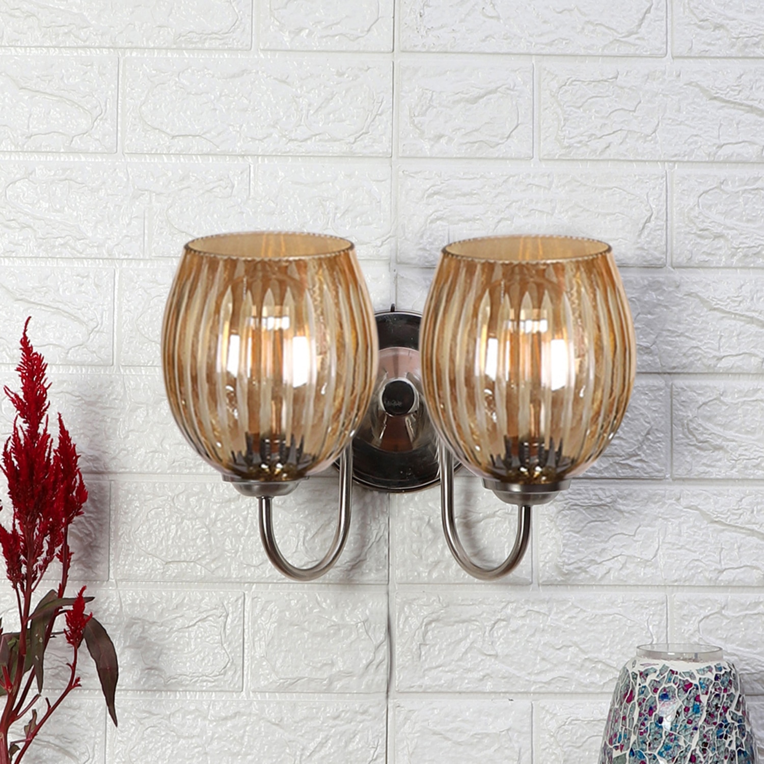 Devansh Steel Electric Wall Light in Steel Colour with Lavender Shade Count of 2 Lights - Devansh