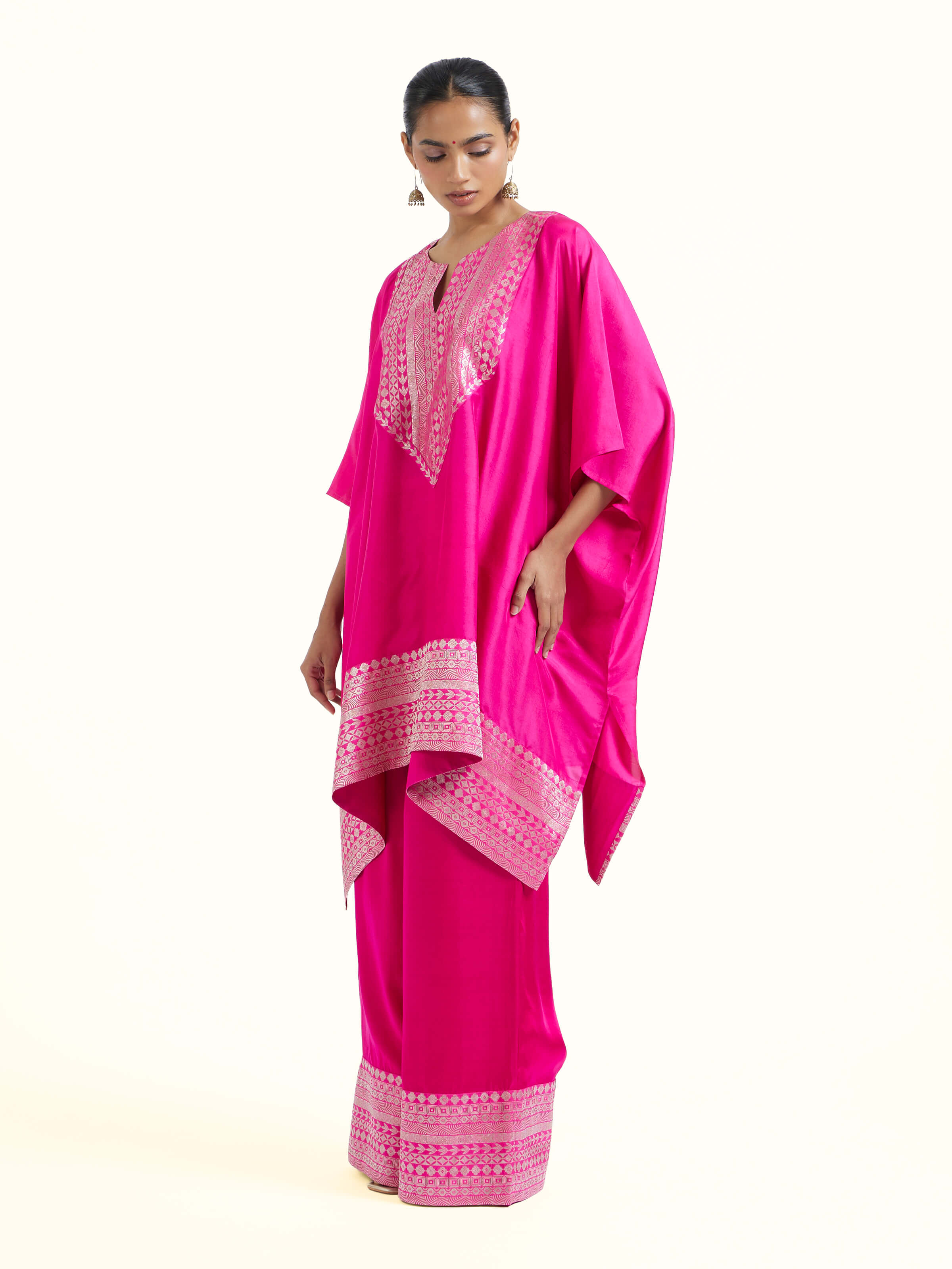 Side view of pink silk Banarasi co-ord set showcasing coordinated fit