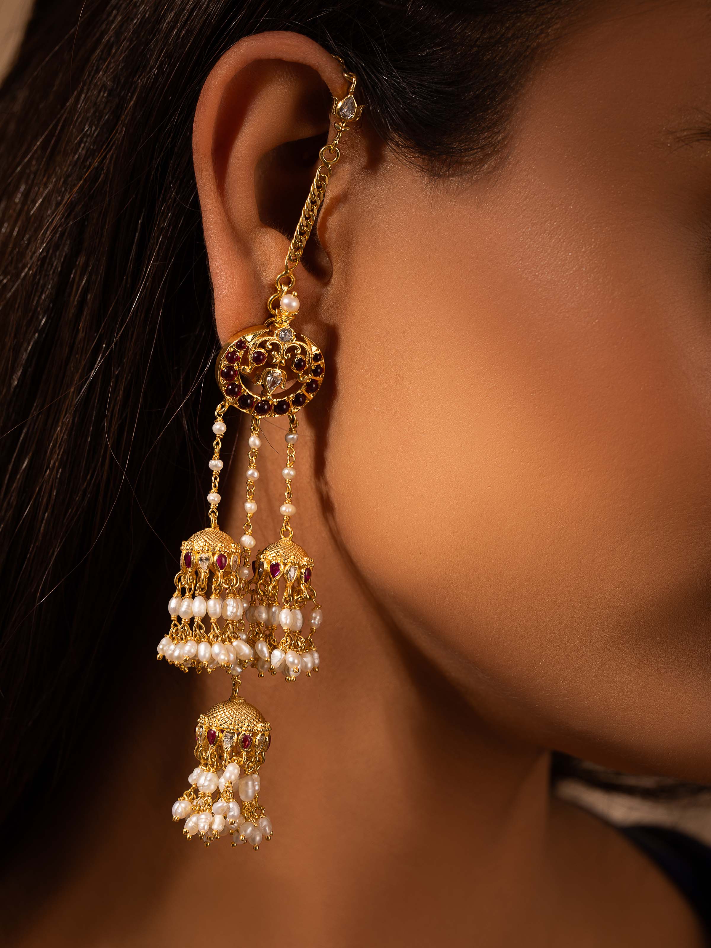 Alternate side view of Guttapusalu silver drop earrings emphasizing fine craftsmanship