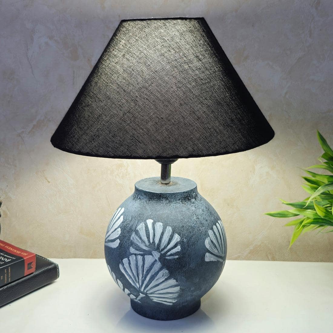 Matka Stone Grey Black Wooden Table Lamp in Grey