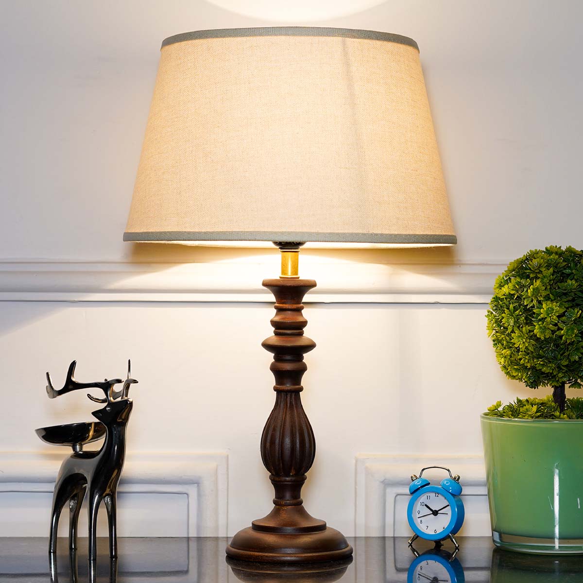 Lorette hand crafted Solid wood walnut finish table lamp With White Cotton Shade
