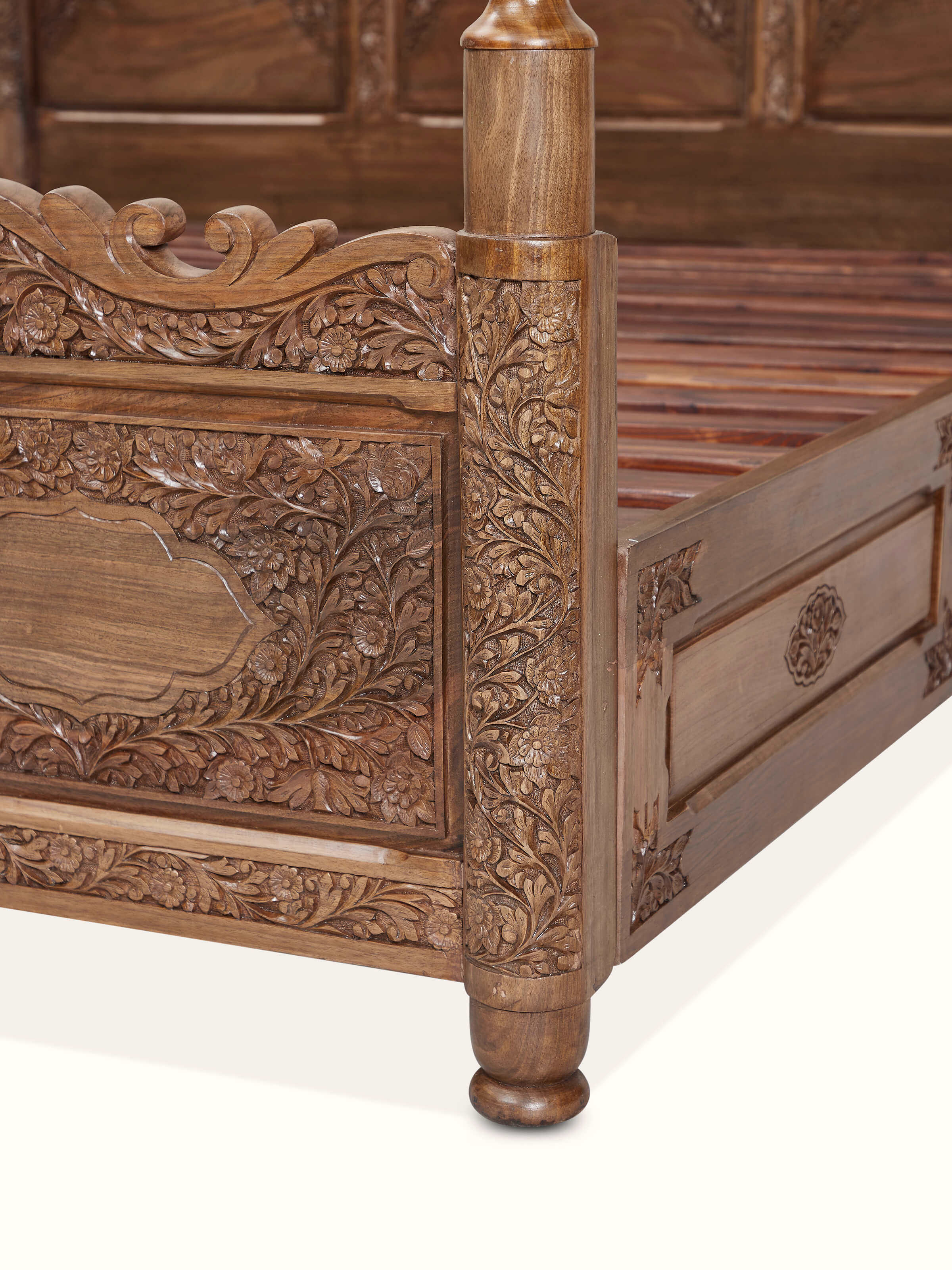 Full view of Carved Walnut Wood Poster Bed illustrating the grandeur and elegant design with intricate woodwork