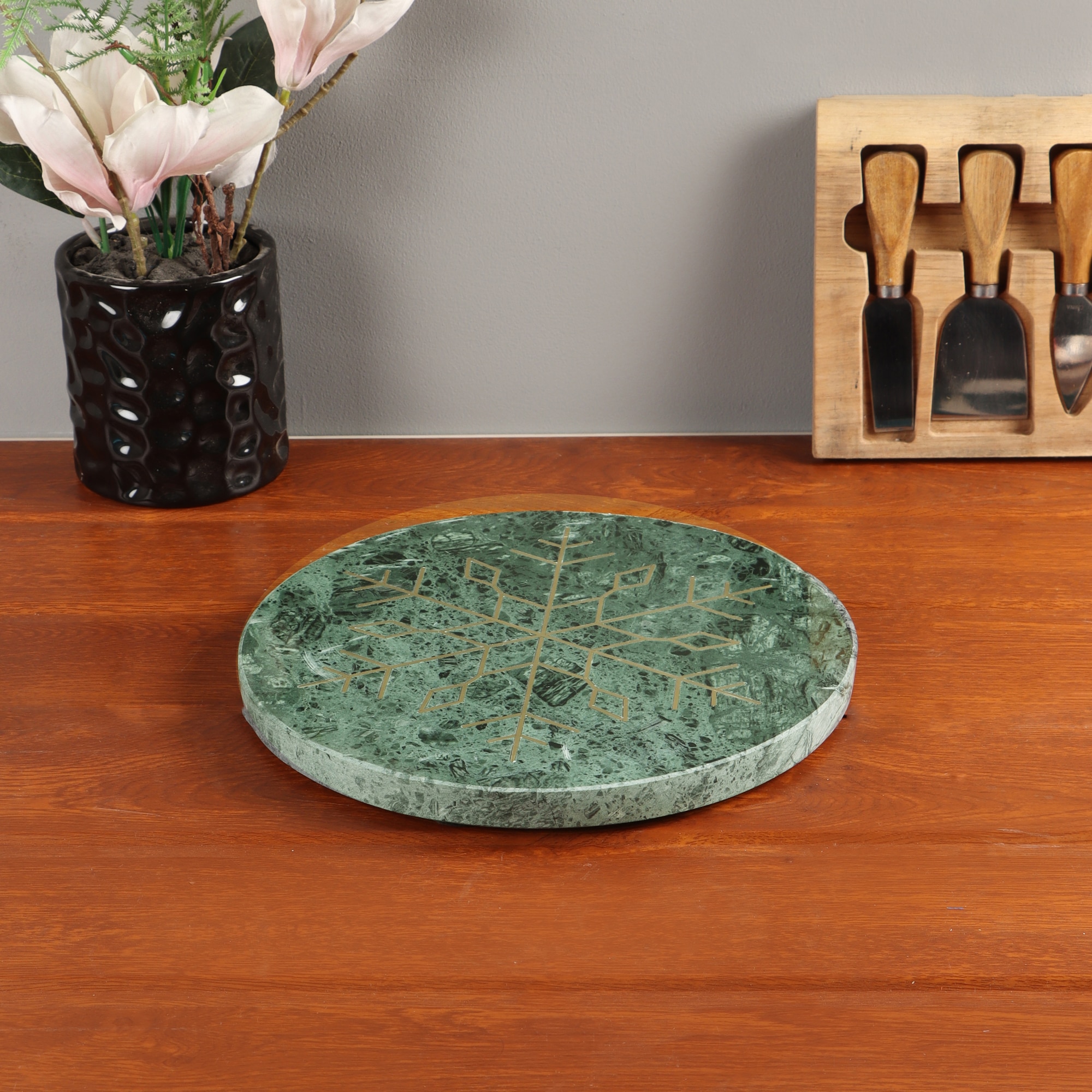NikkisPride Elegant Marble Serving & Décor Platter Snowflake Brass inlay