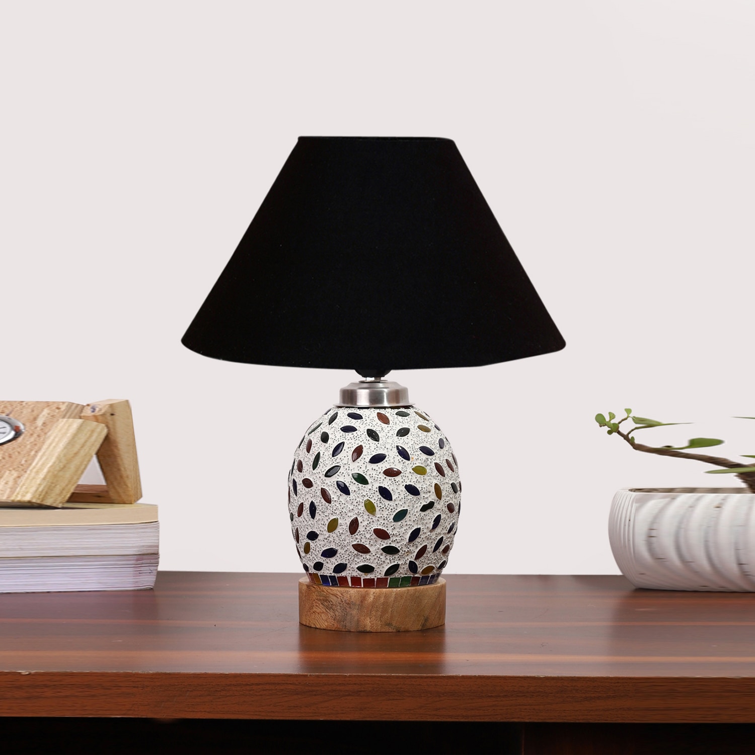 Devansh Conical Black Cotton Shade Lamp With Wood & Mosaic Glass Base For Decoration/Office/Home/Gifting/Study For Decoration/Office/Home/Gifting/Study -(10X10X14.5) Inches -A