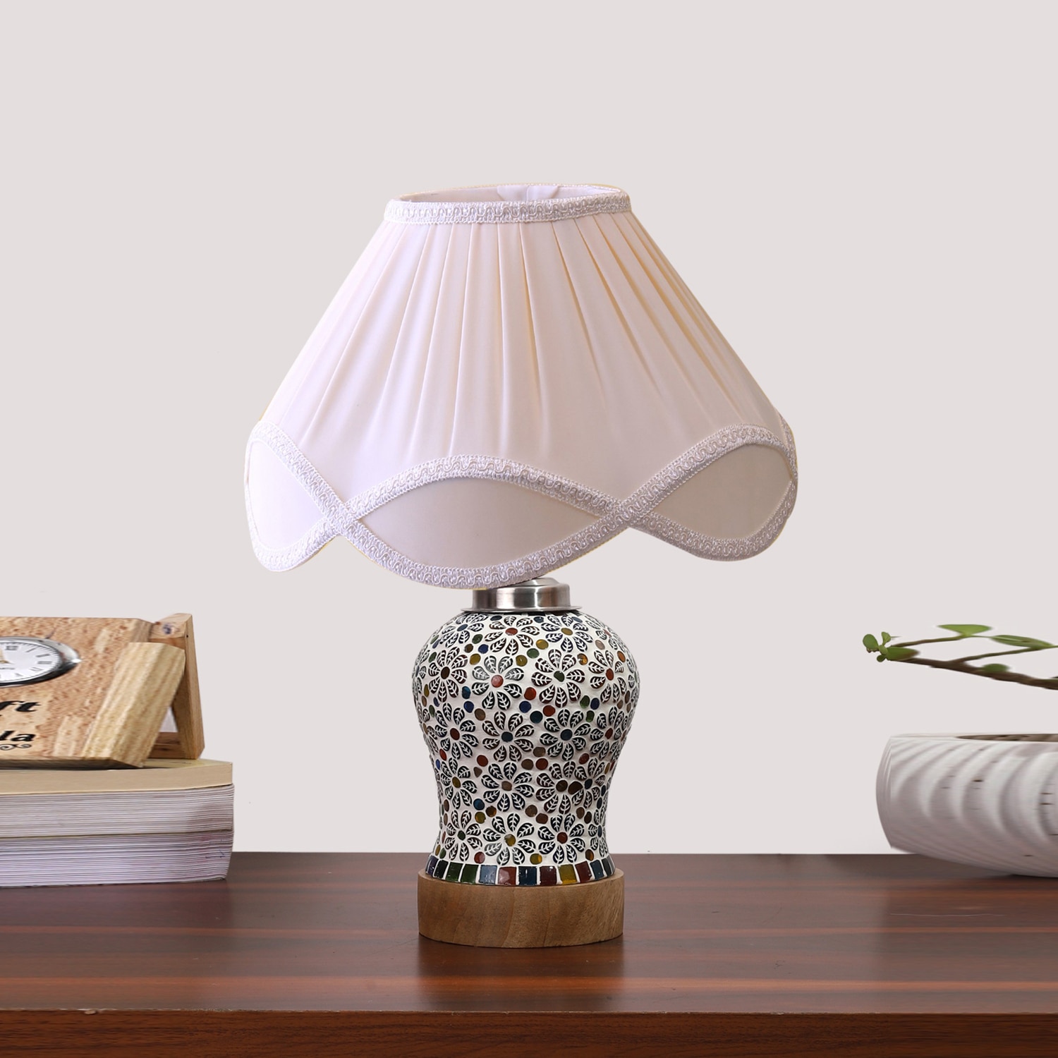 Devansh Off-White Vintage  Cotton Pleated Shade Lamp With Wood & Mosaic Glass Base For Decoration/Office/Home/Gifting/Study For Decoration/Office/Home/Gifting/Study - Devansh