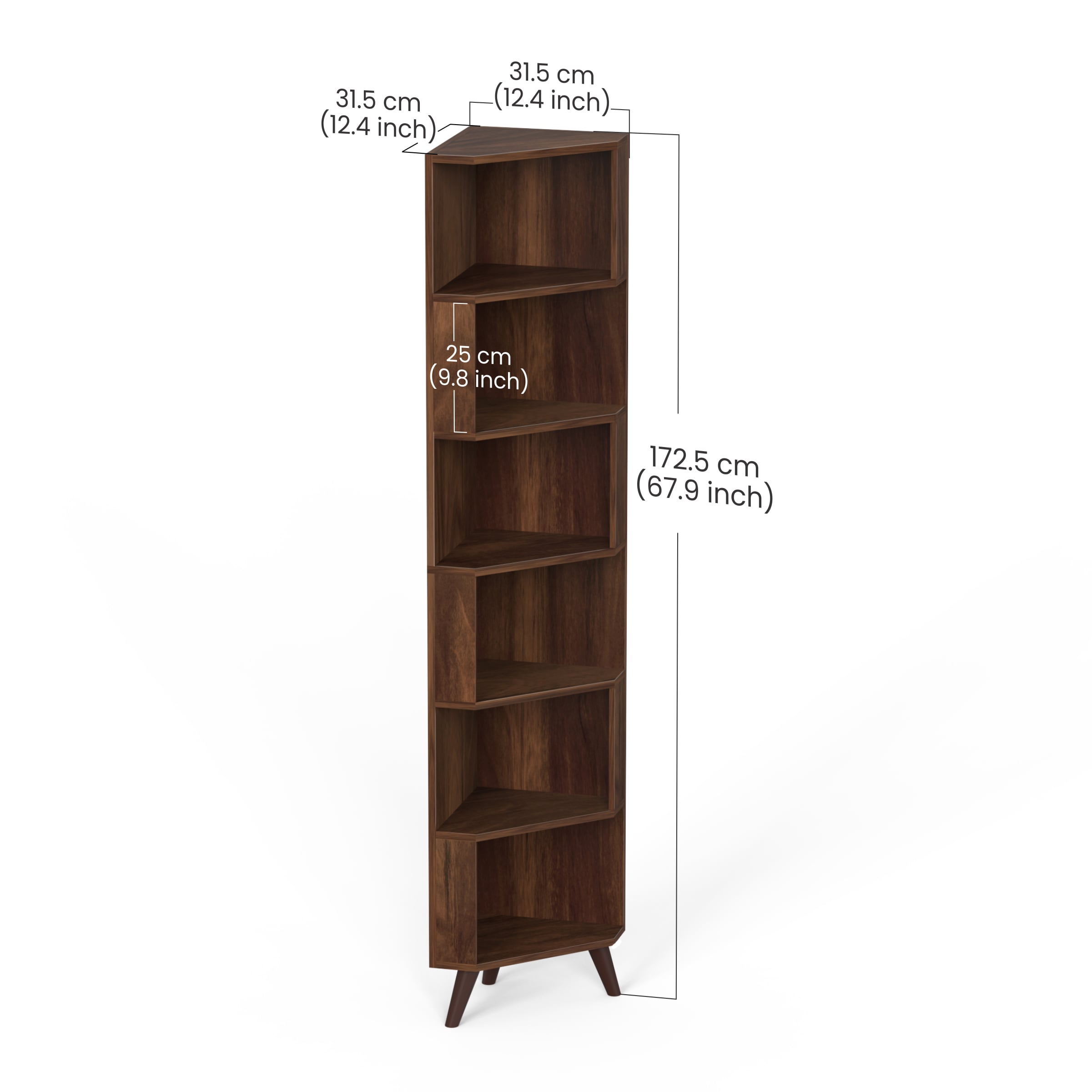 BLUEWUD Veluno Corner Shelf Bookshelf Cabinet Book Rack Organizer with Shelves for Storage D�cor Display Cabinet Floor Standing for Living Room Home Library (Brown Maple)