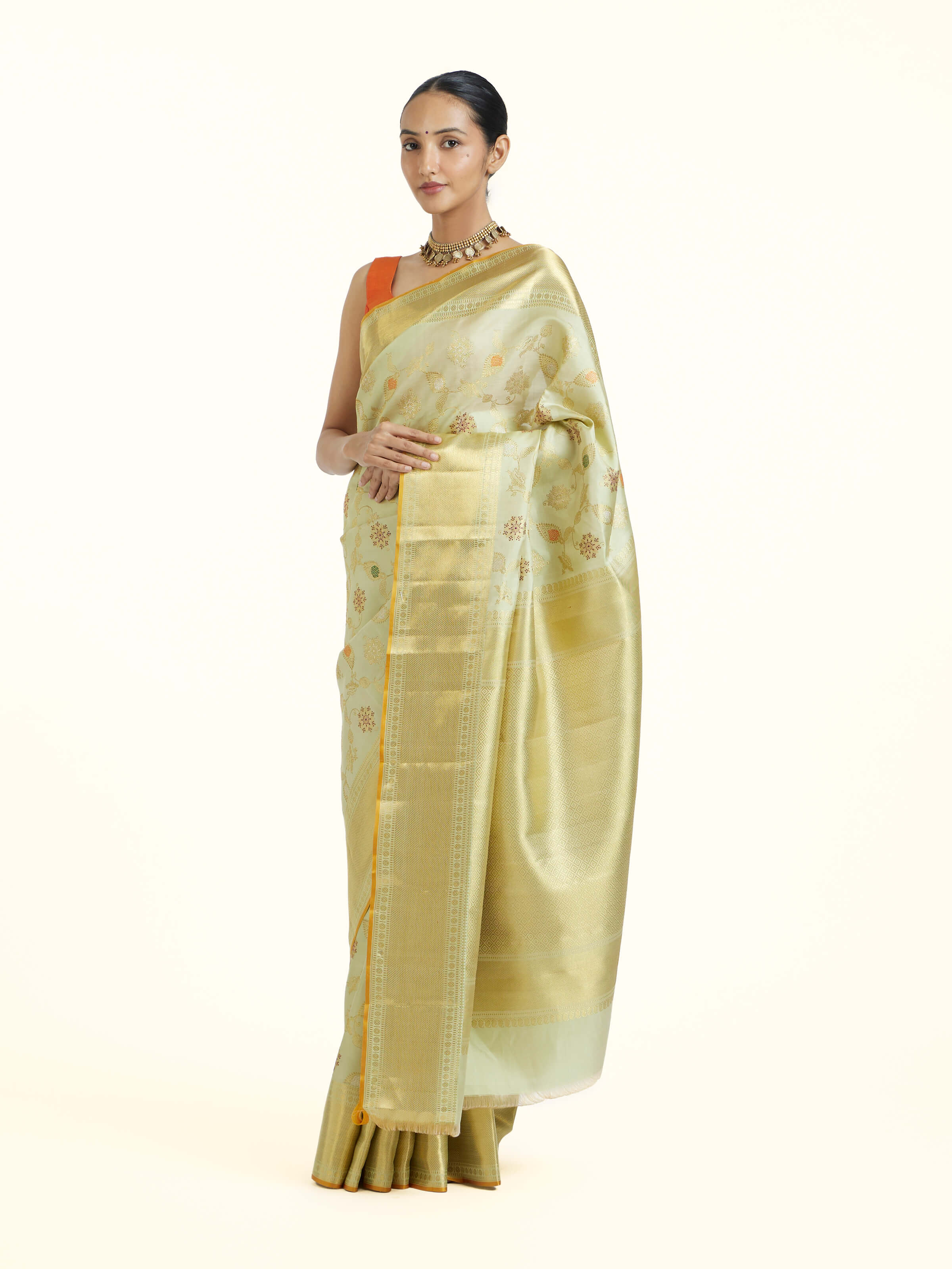 Beige Kancheepuram Silk Zari Saree