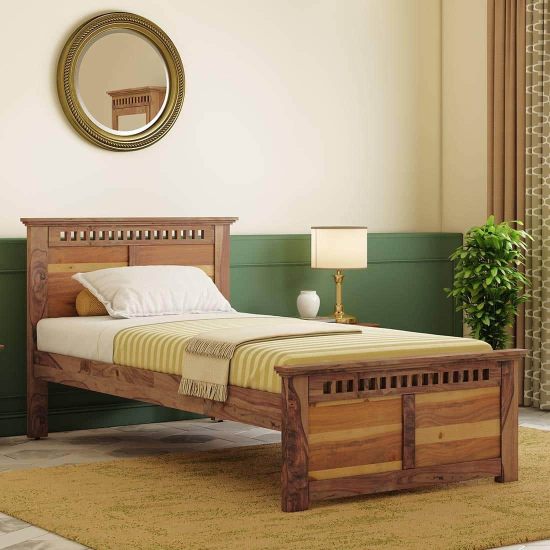 Fidora Solid Wood Single Size Non Storage Bed in Teak Finish