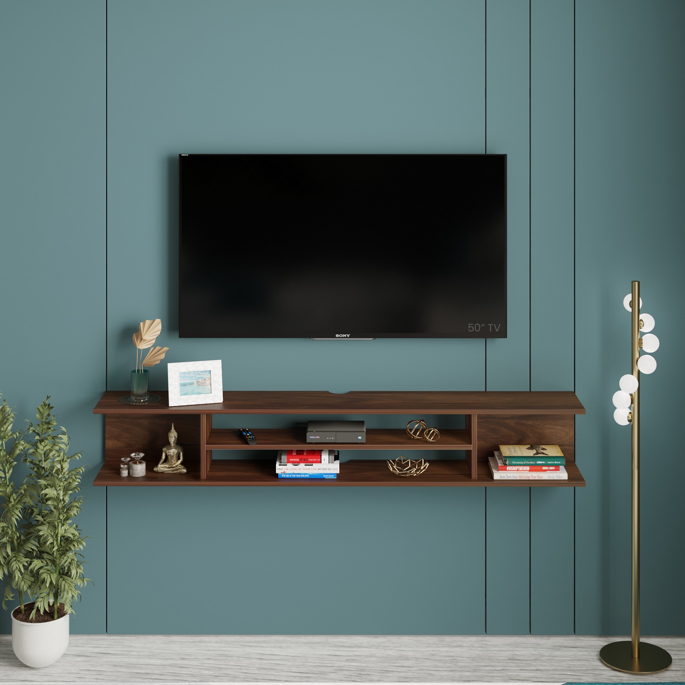 BLUEWUD Sanque Large Engineering Wood Wall Mount TV Entertainment Unit Set Top Box Stand/TV Panel Cabinet with Shelves for Books & D�cor Display Unit (Brown Maple)