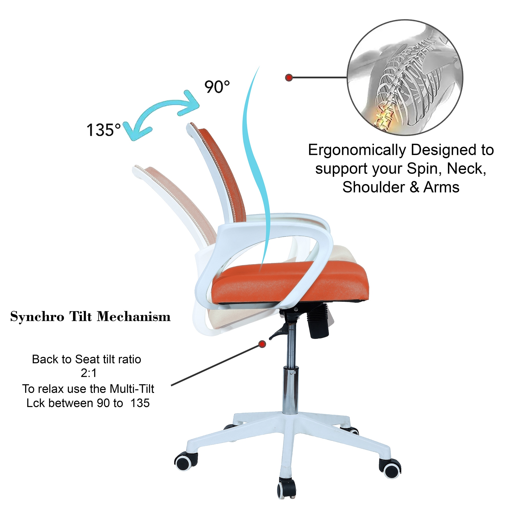 Naamikoa Mid Back Ergonomic Chair in Orange Colour