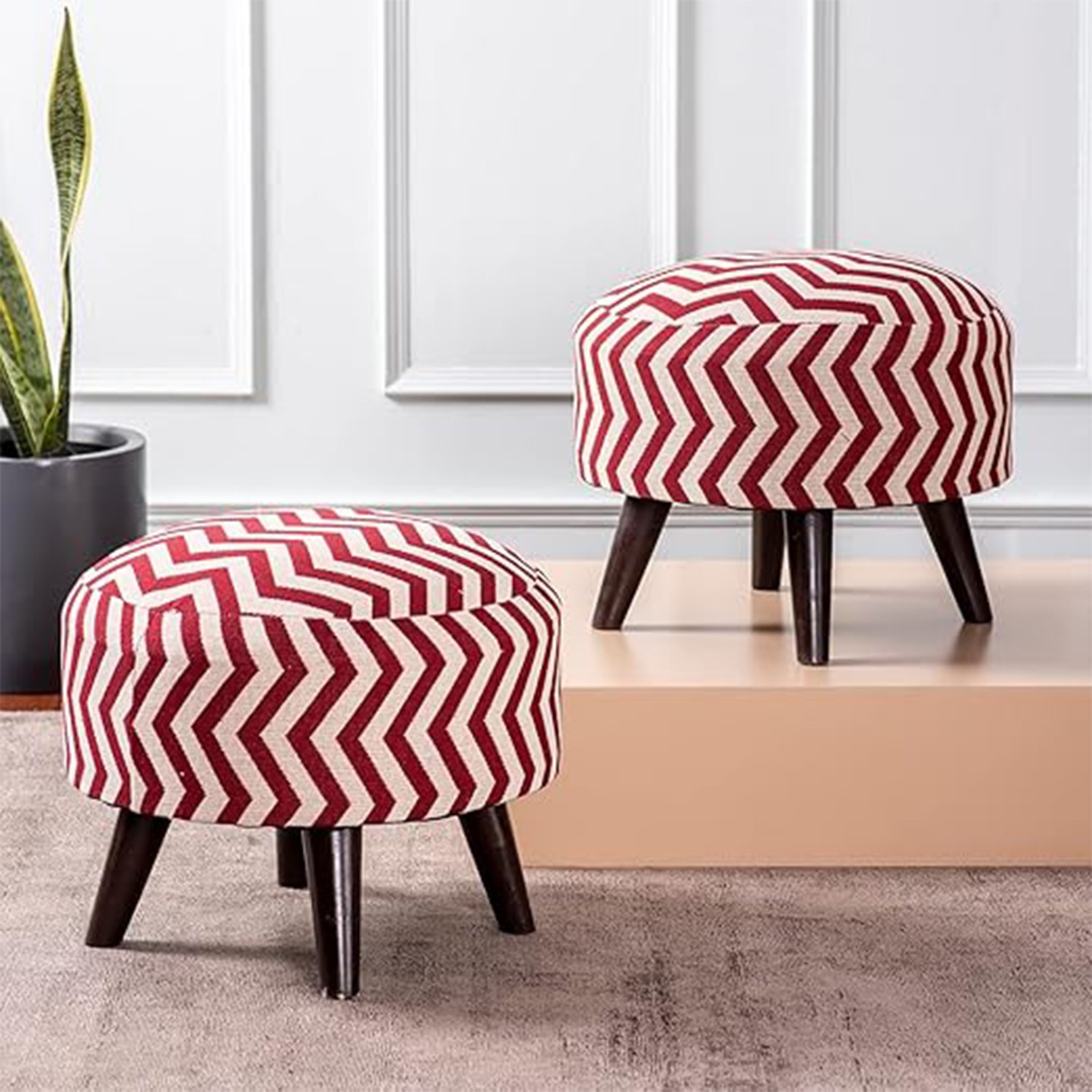 Hues Jacquard Wooden Ottoman in Red Color Set of 2 - Nestroots