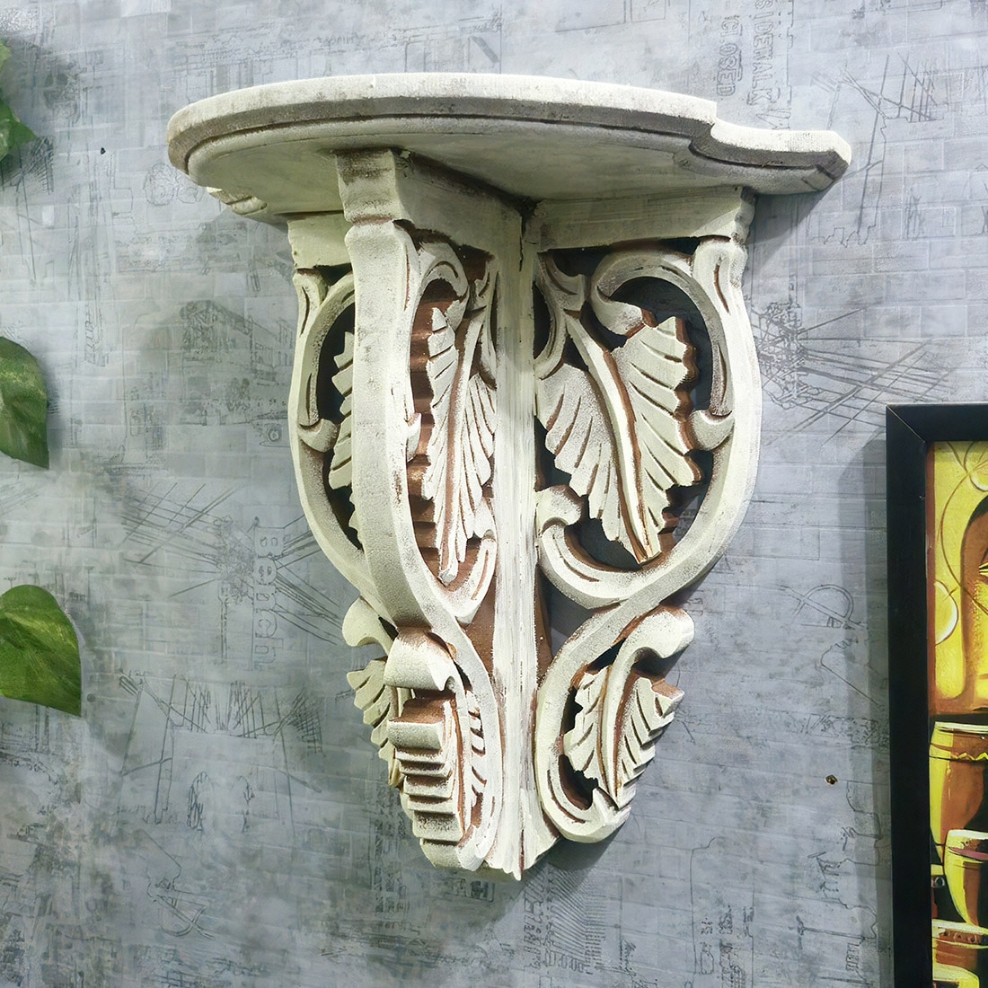 Leaf Solid Wood Shelf in Off White Colour