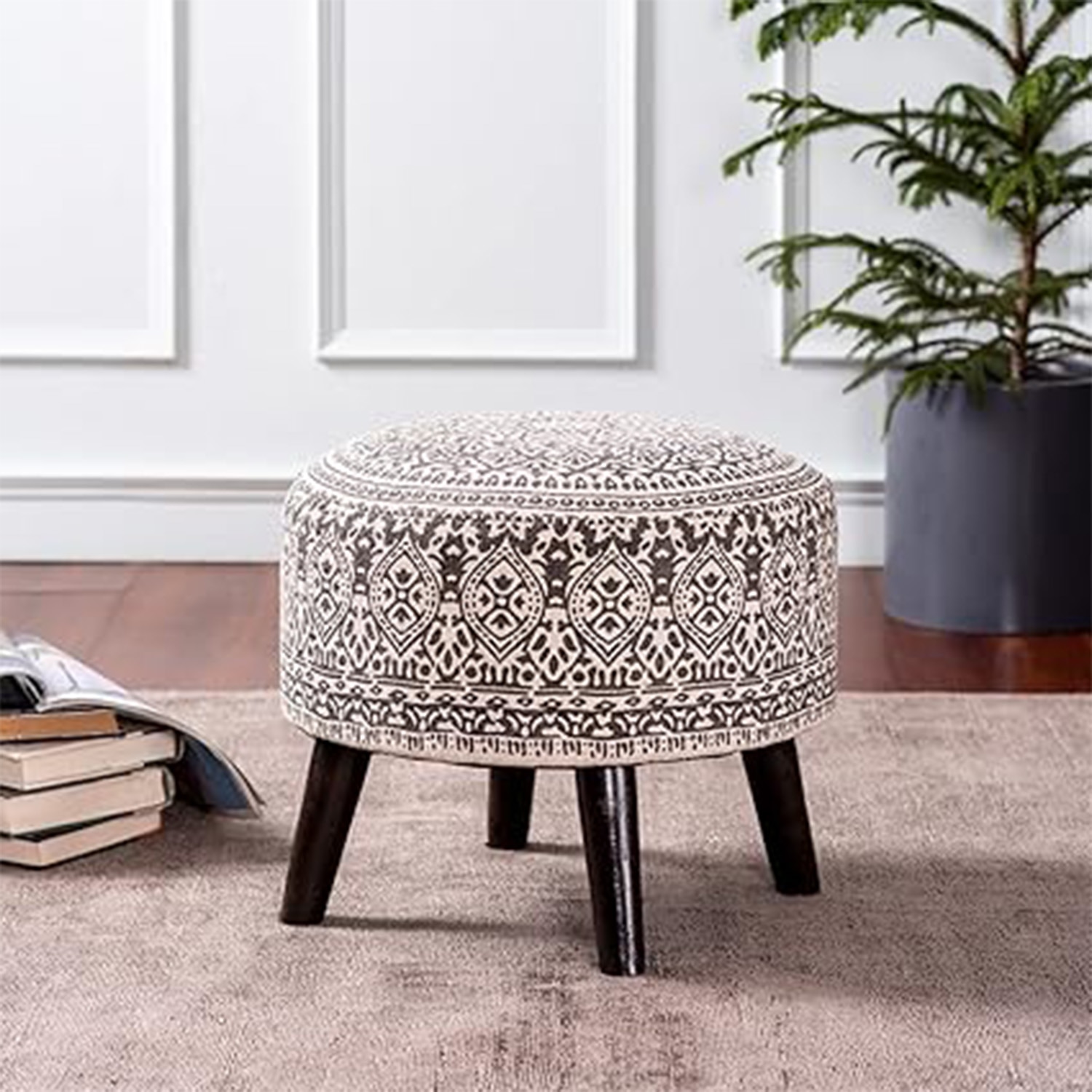Mandala Fabric Wooden Ottoman in Grey Color - Nestroots