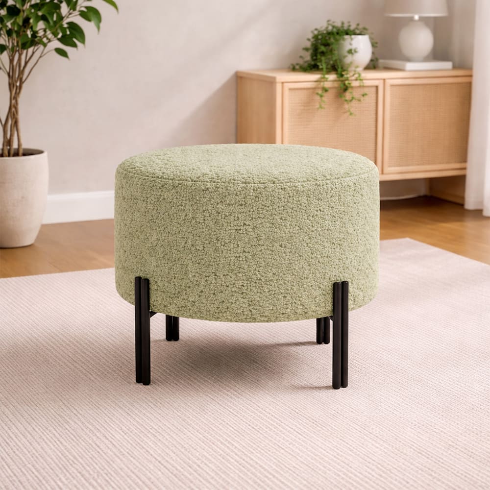 Doe Buck Premium Boucle Round Ottoman in Matte Sage Colour with Polished Black Legs - Doe Buck