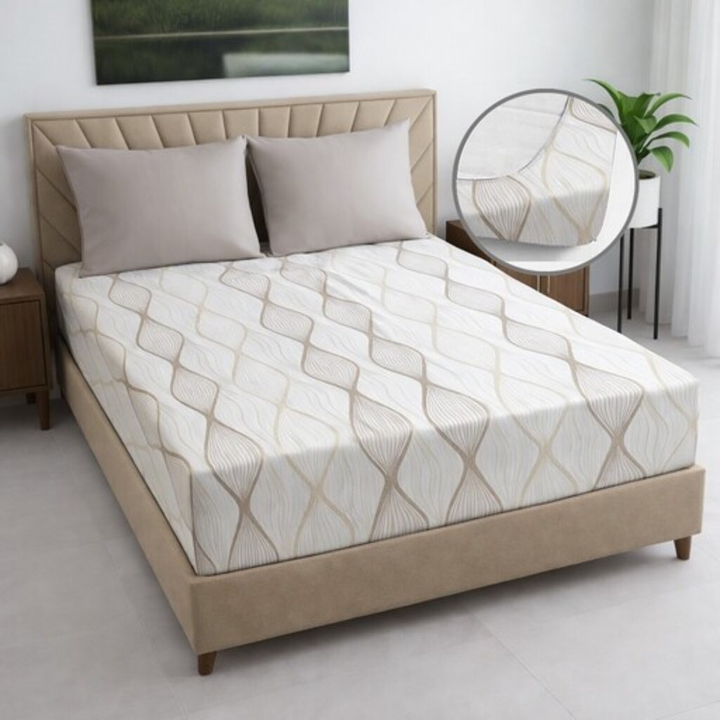 Eon Cream Abstract 400 TC Cotton Fitted Super King Size Bedsheet with 2 Pillow Covers – Threads