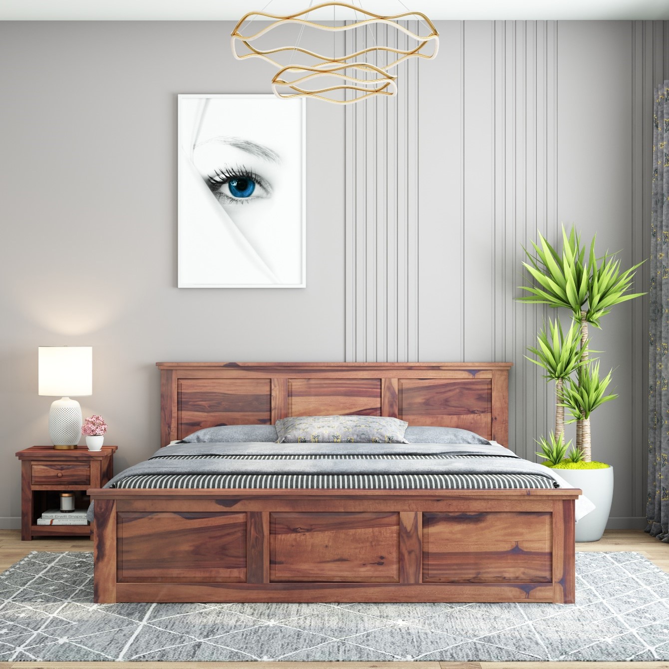 Stainfiled Solid Wood Queen Size Bed In  Hydraulic Storage Bed In Teak Finish