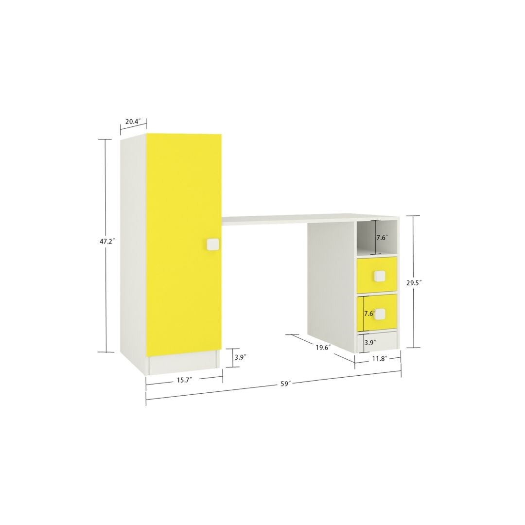 Rio Kids Large Study Desk with Drawers Built In Bookshelf and Square Handles in Sunshine Yellow Colour