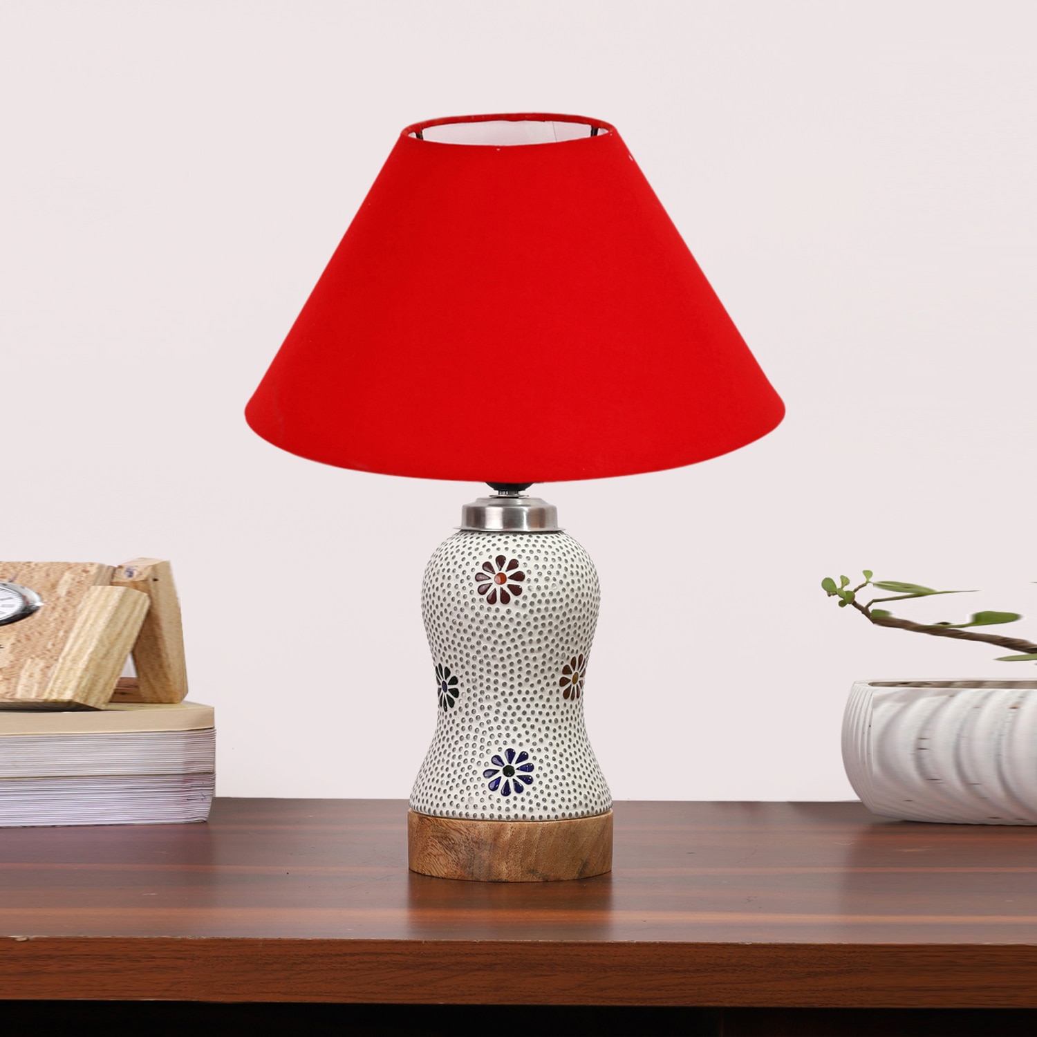 Devansh Conical Red Cotton Shade Lamp With Wood & Mosaic Glass Base For Decoration/Office/Home/Gifting/Study For Decoration/Office/Home/Gifting/Study -(10X10X14.5) Inches -A