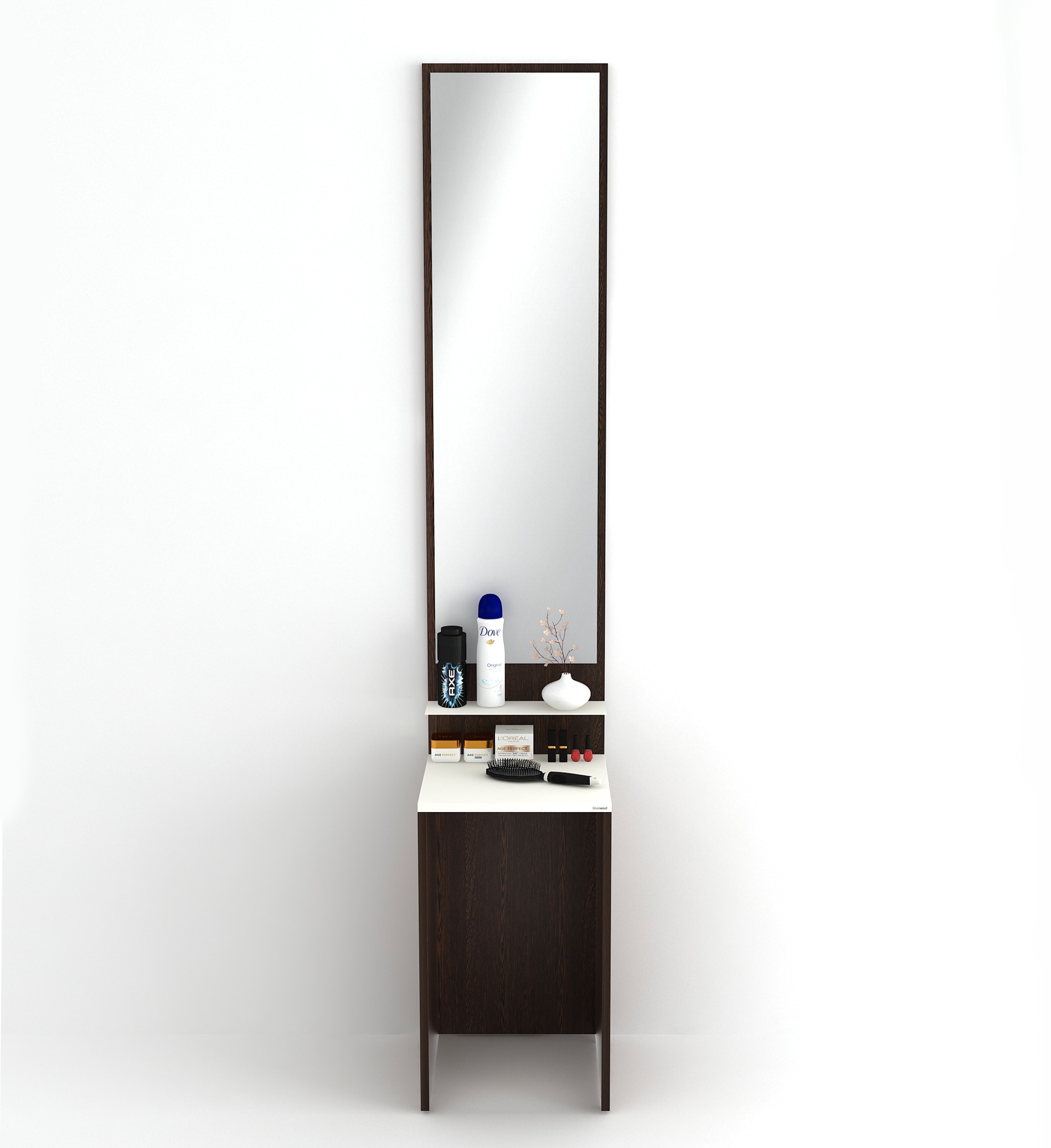 BLUEWUD Alesti Engineered Wood Slim Dressing Table Full Length Rectangular Wall Mount Mirror With Utility Shelf (Wenge & White)