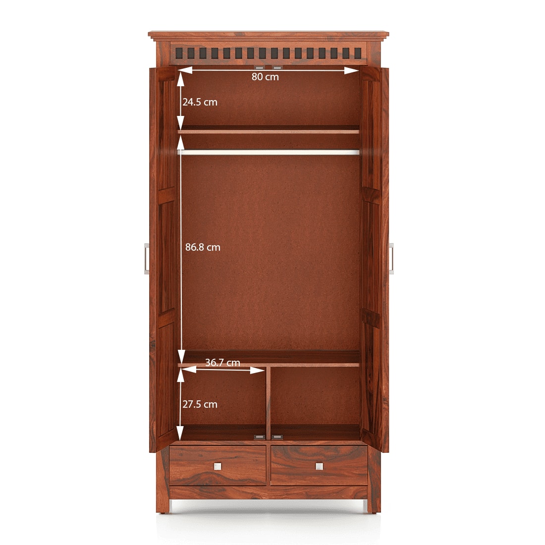 Fidora Solid Wood 2 Door Wardrobe in Honey Finish