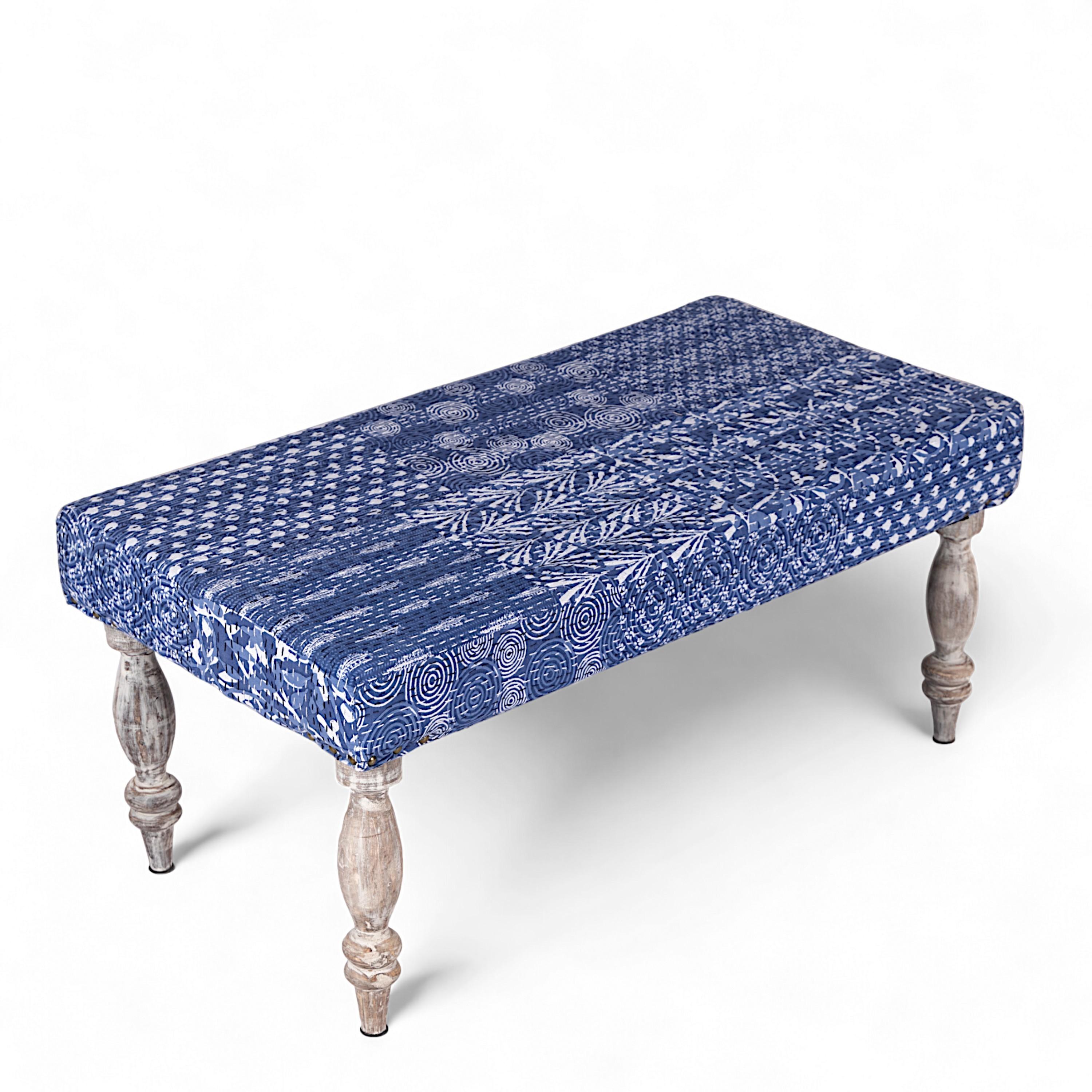 Bestone Solid Wood Bench In Indigo Patch Kantha Fabric