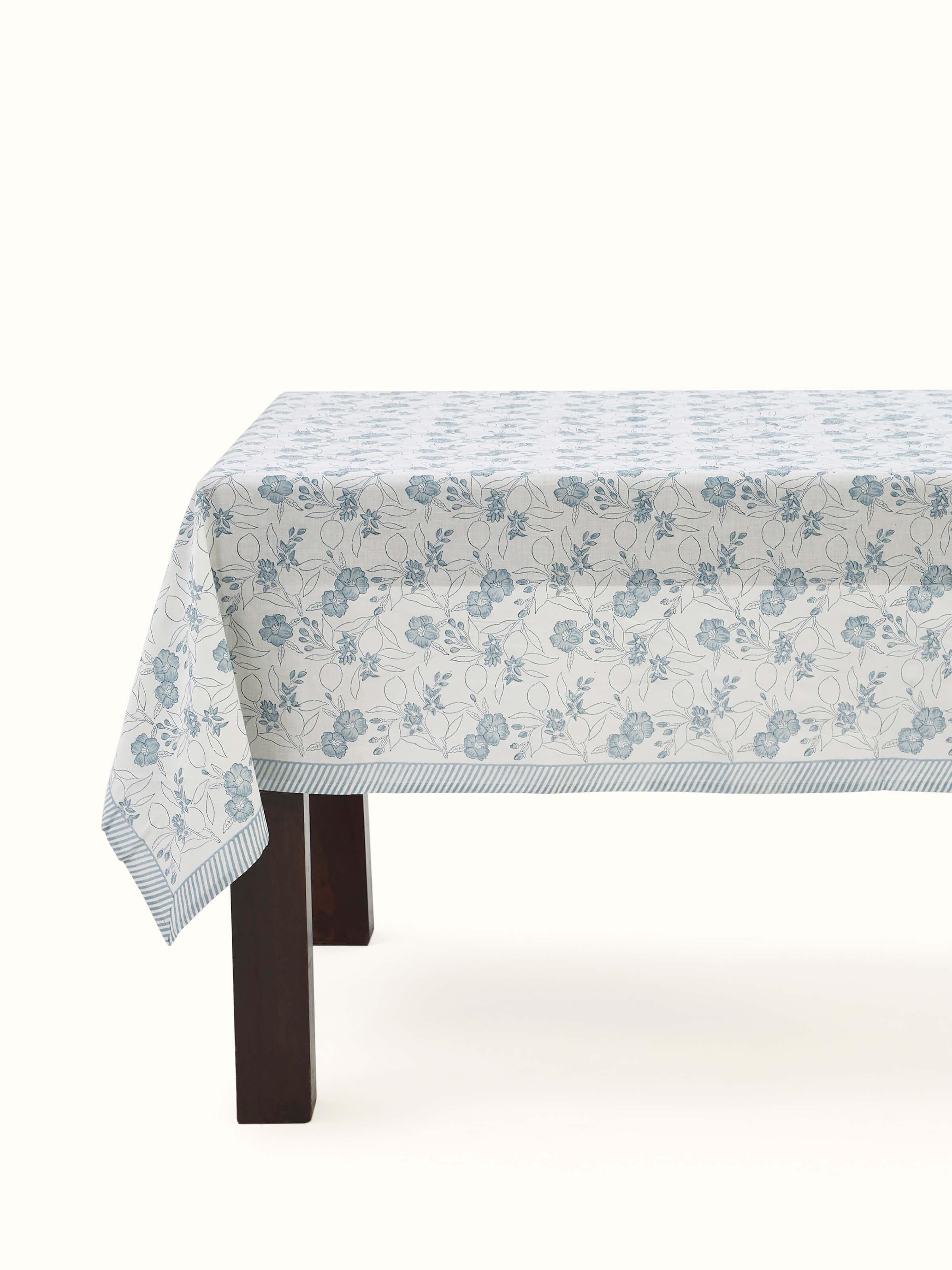 Angled view emphasizing the texture of the cotton linen and the precision of the hand block printing technique