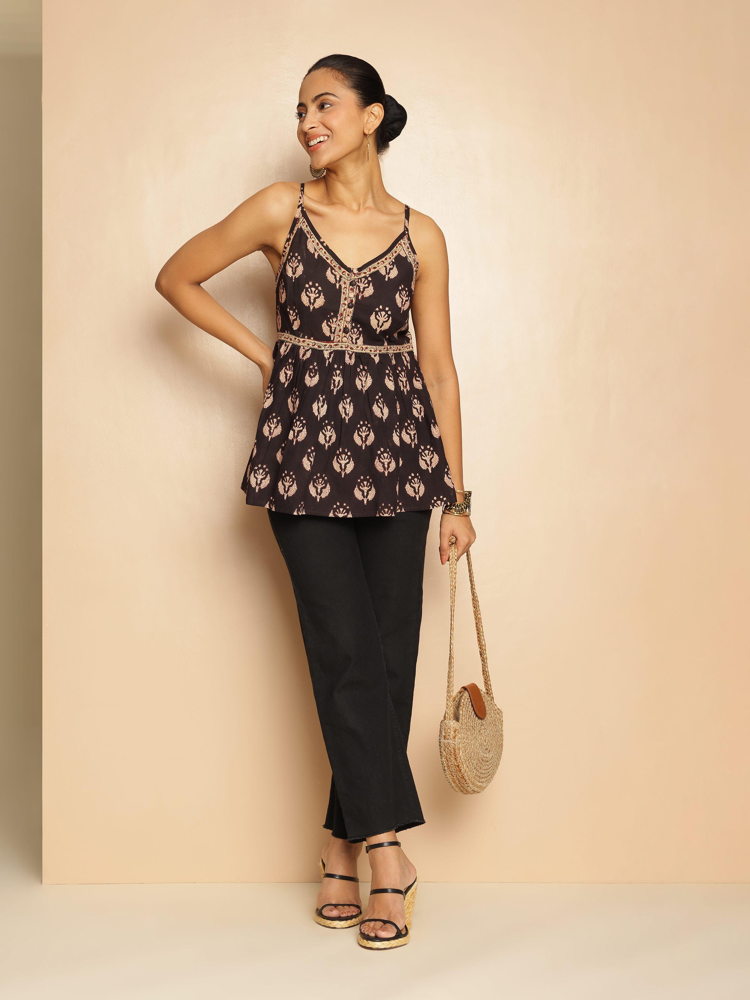 Black cotton Bagru block printed camisole top angled view highlighting fabric drape and print clarity