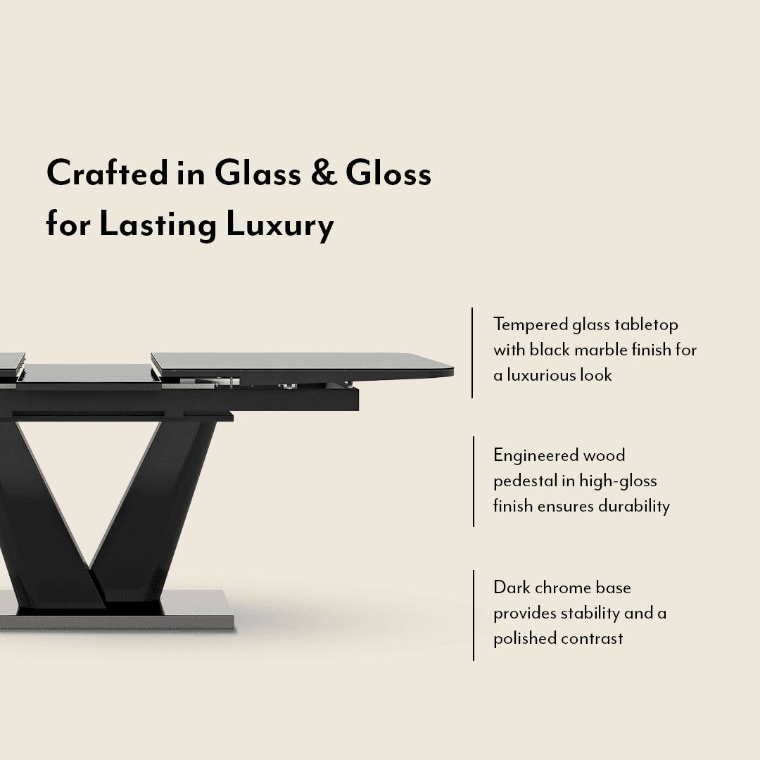 Caribu 6 To 8 Extendable Dining Table In Black Marble Color With High Gloss Finish