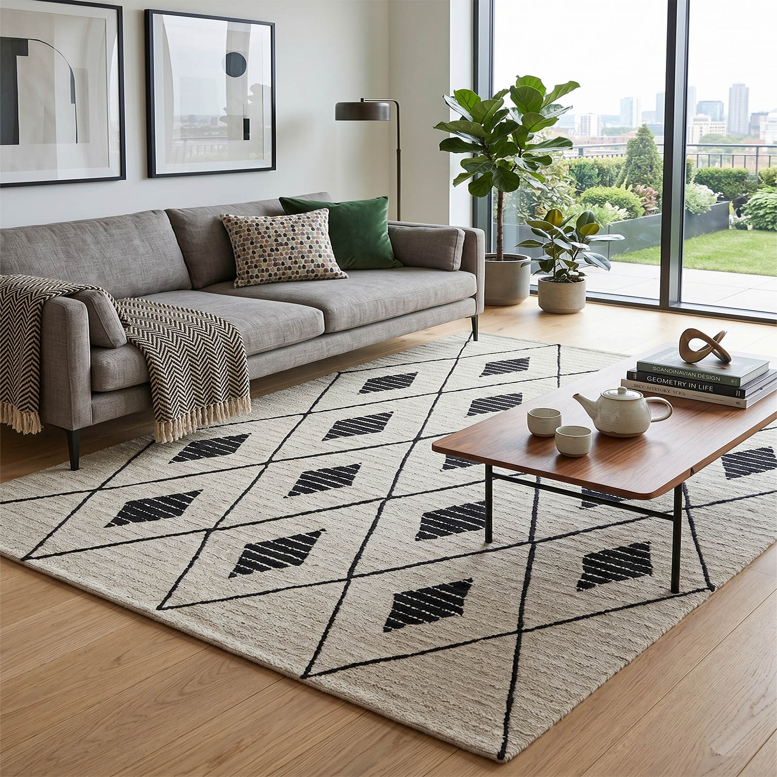Modern Geometric Diamond Area Rug Cream Black Moroccan 63 x 92 - The Woven Legacy