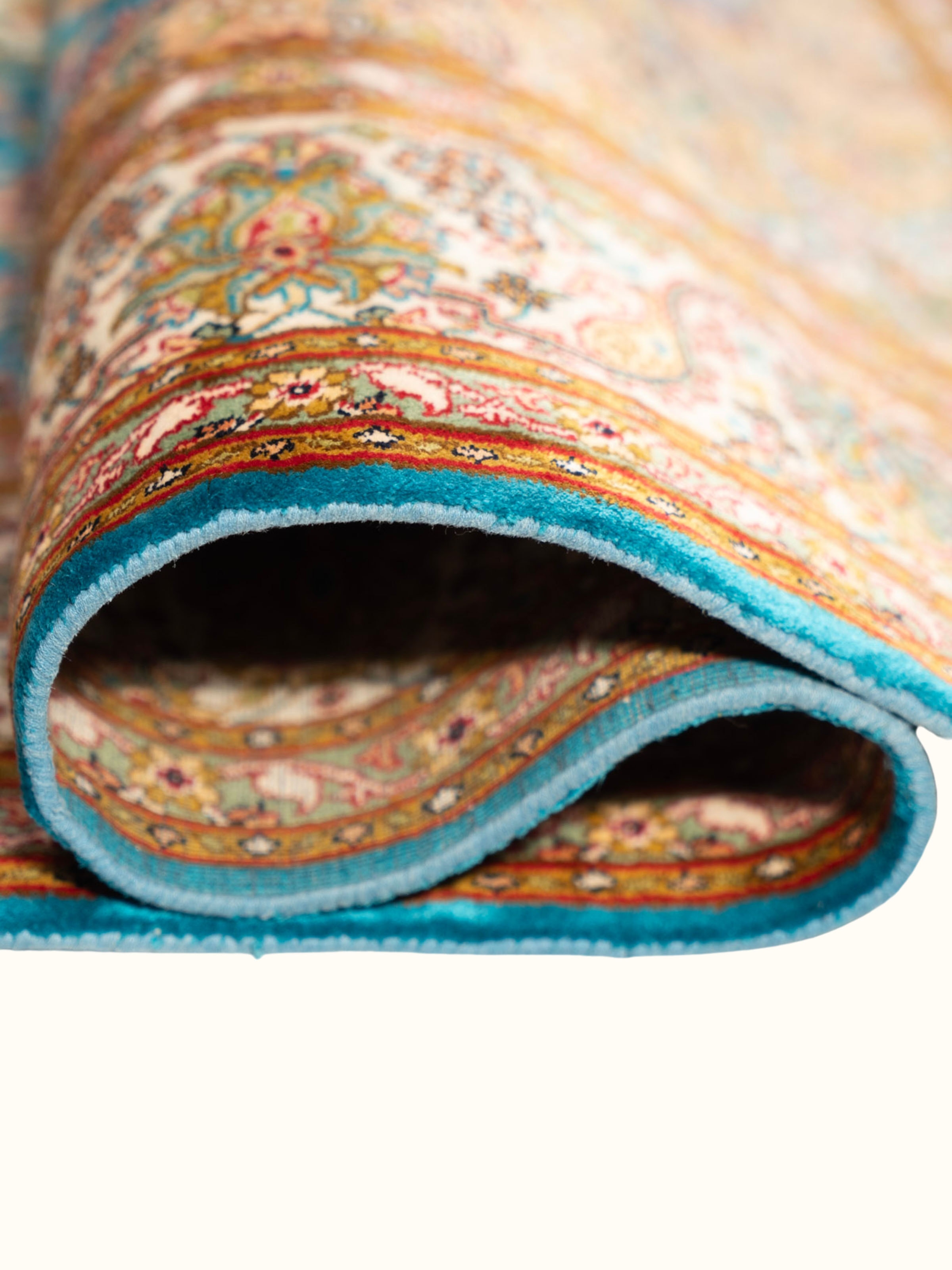 Traditional Persian Blue Kashan Kashmir Silk Hand-Knotted Carpet