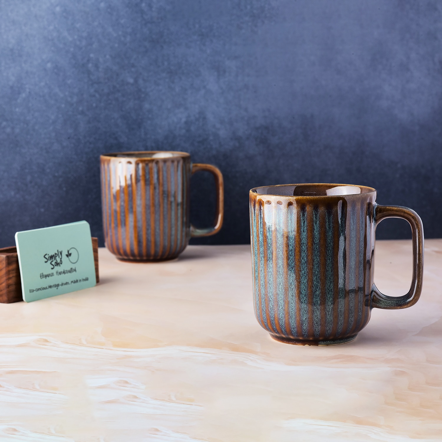 Brown Aqua Drizzle Rustic Glazed Mug Set - Simply Soho