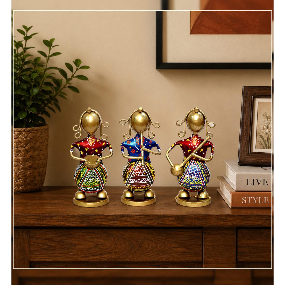 Desert Art Metal Handpainted Lady Musician Showpiece Set of 3-picture-14
