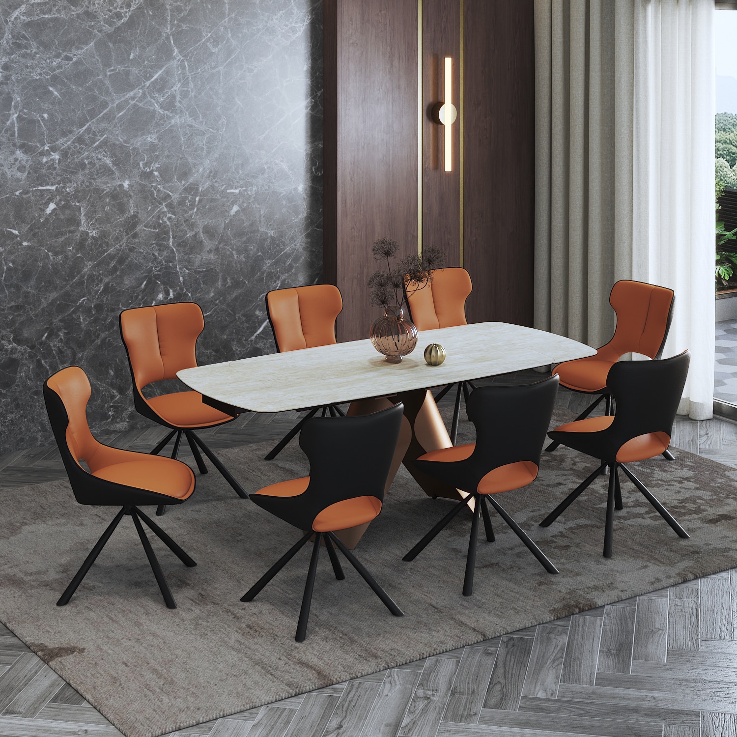 Aeris Ceramic 6 To 8 Seater Extendable Dining Table With 6 Tulip Dining Chairs (Finish : Rome Travertine, Chair Colour : Dual Tone)