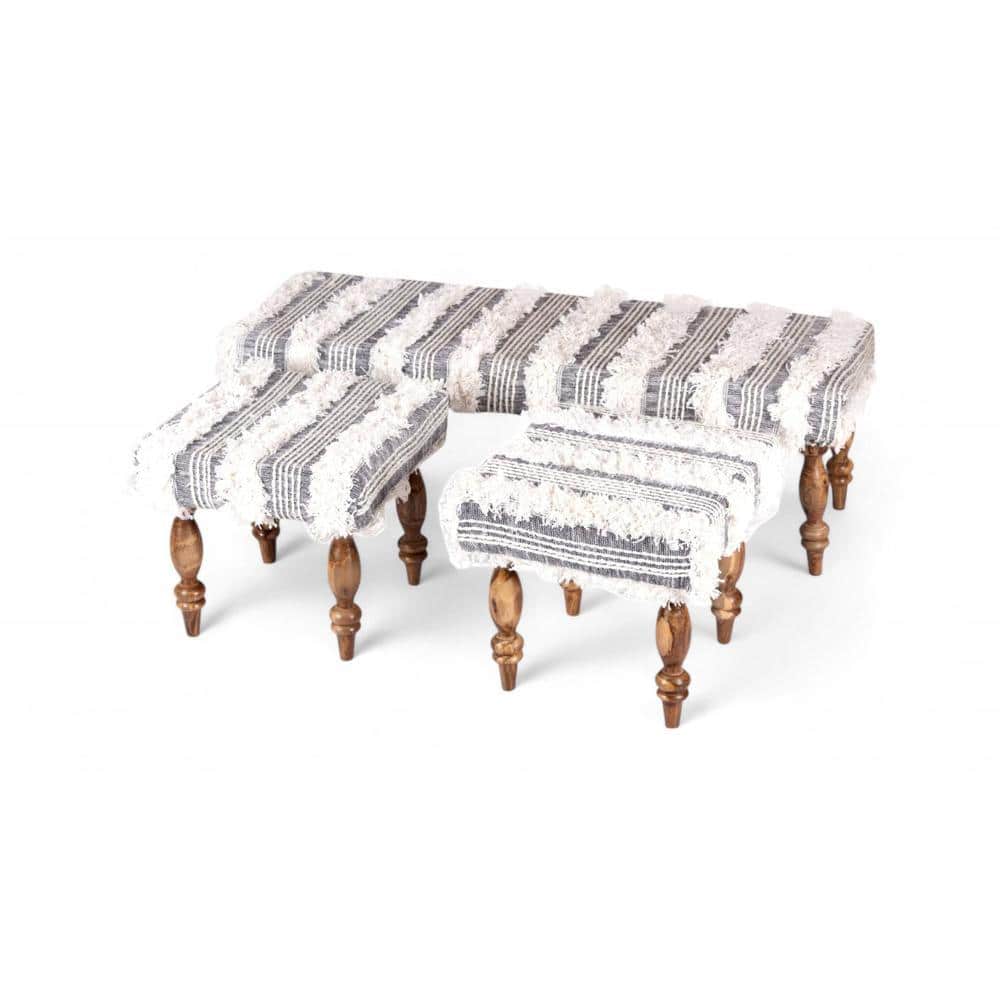 Cairo Sheesham Wood Accent Seater Bench Set With 2 Stools In Grey Fabric