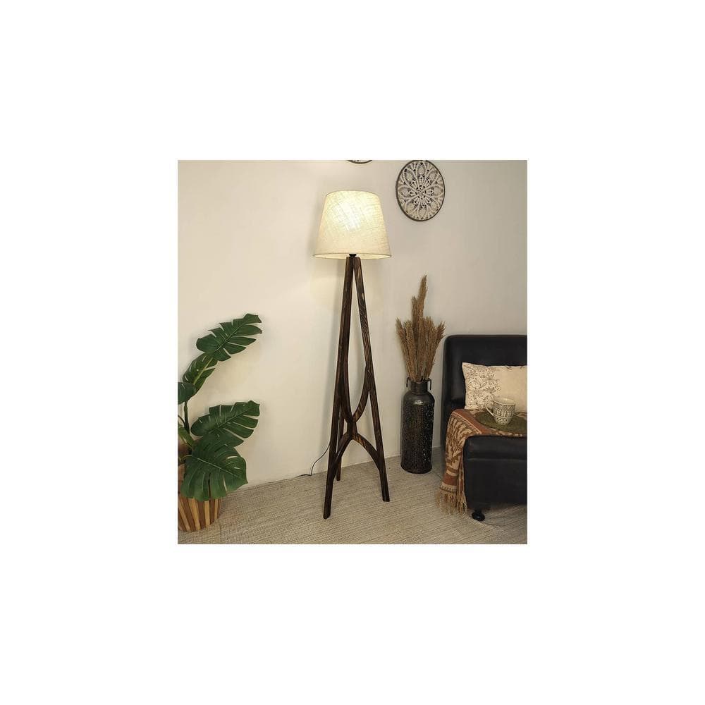 Julius Wooden Floor Lamp with Brown Base and Jute Fabric Lampshade