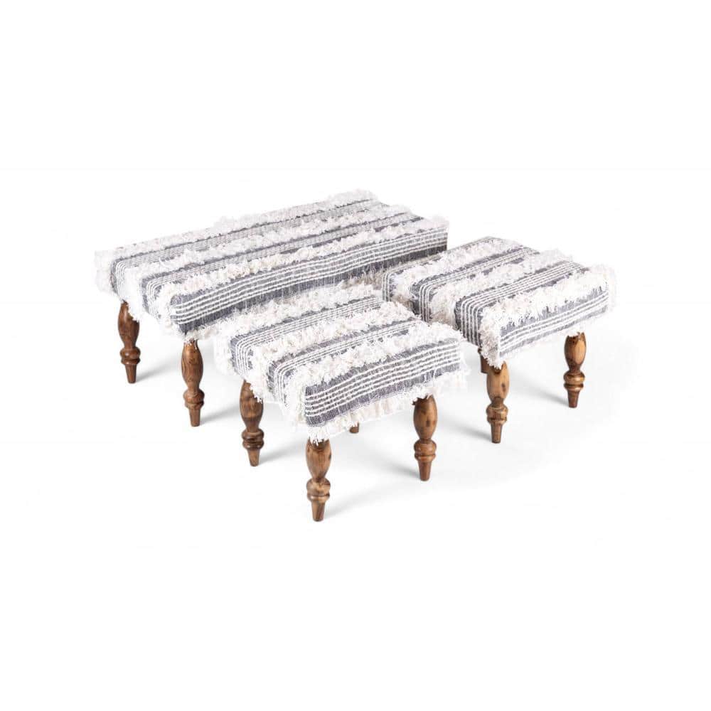 Bestone Sheesham Wood Mid Century Seater Bench Set  2 Stools In Grey Fabric