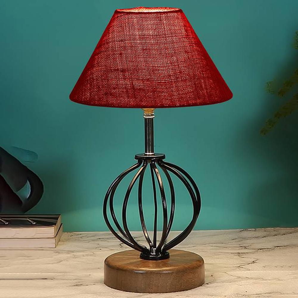 Kiara Maroon Jute Table lamp with Wood & Iron Base - Devansh