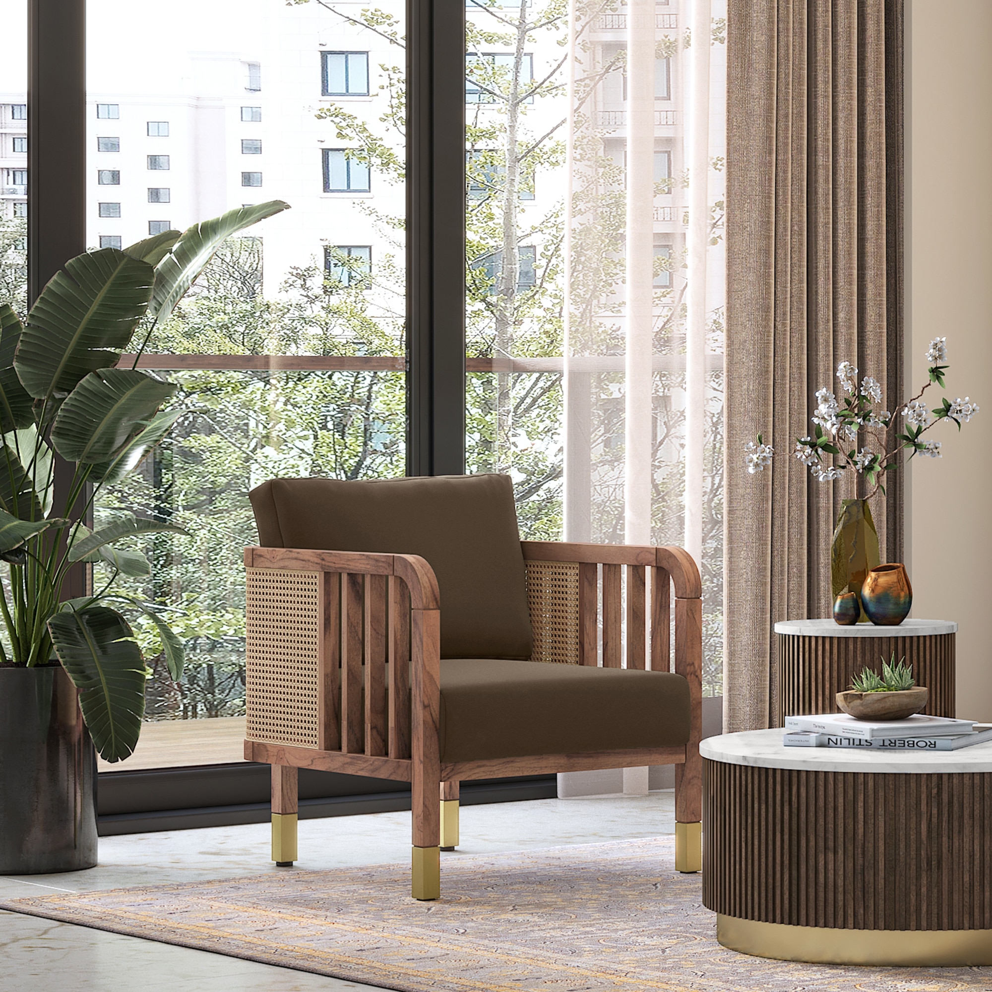 Taran 1 Seater Wooden Sofa in Truffle Biege Velvet Colour