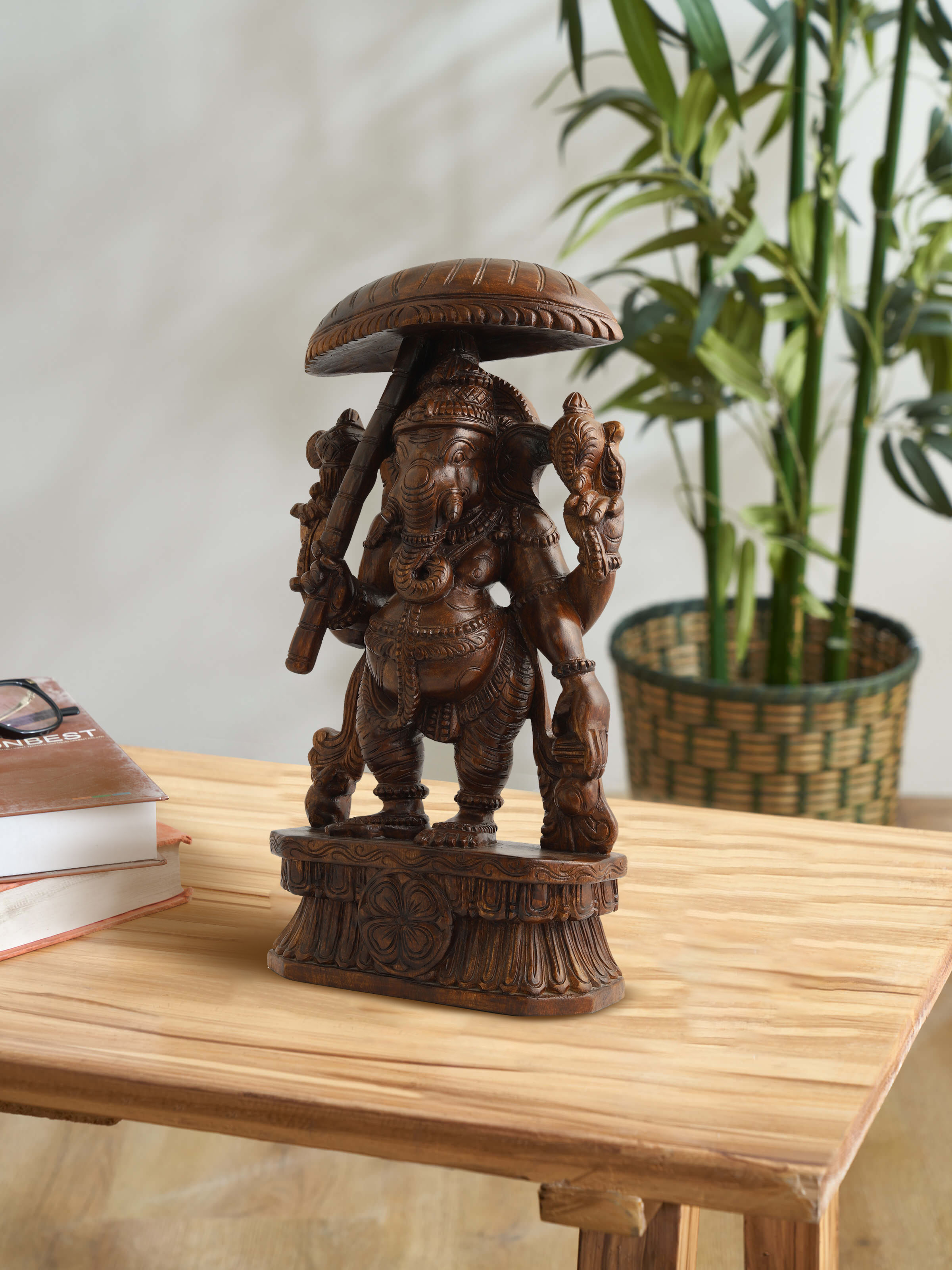 Siddhipriya Mara Silai Carved Vaagai Wood Ganesha with Umbrella Idol