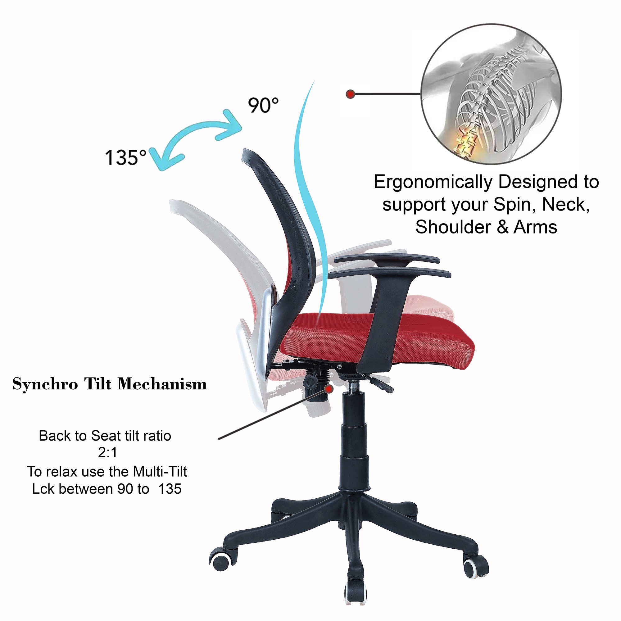 Xxeana Low Back Ergonomic Chair in Red Colour