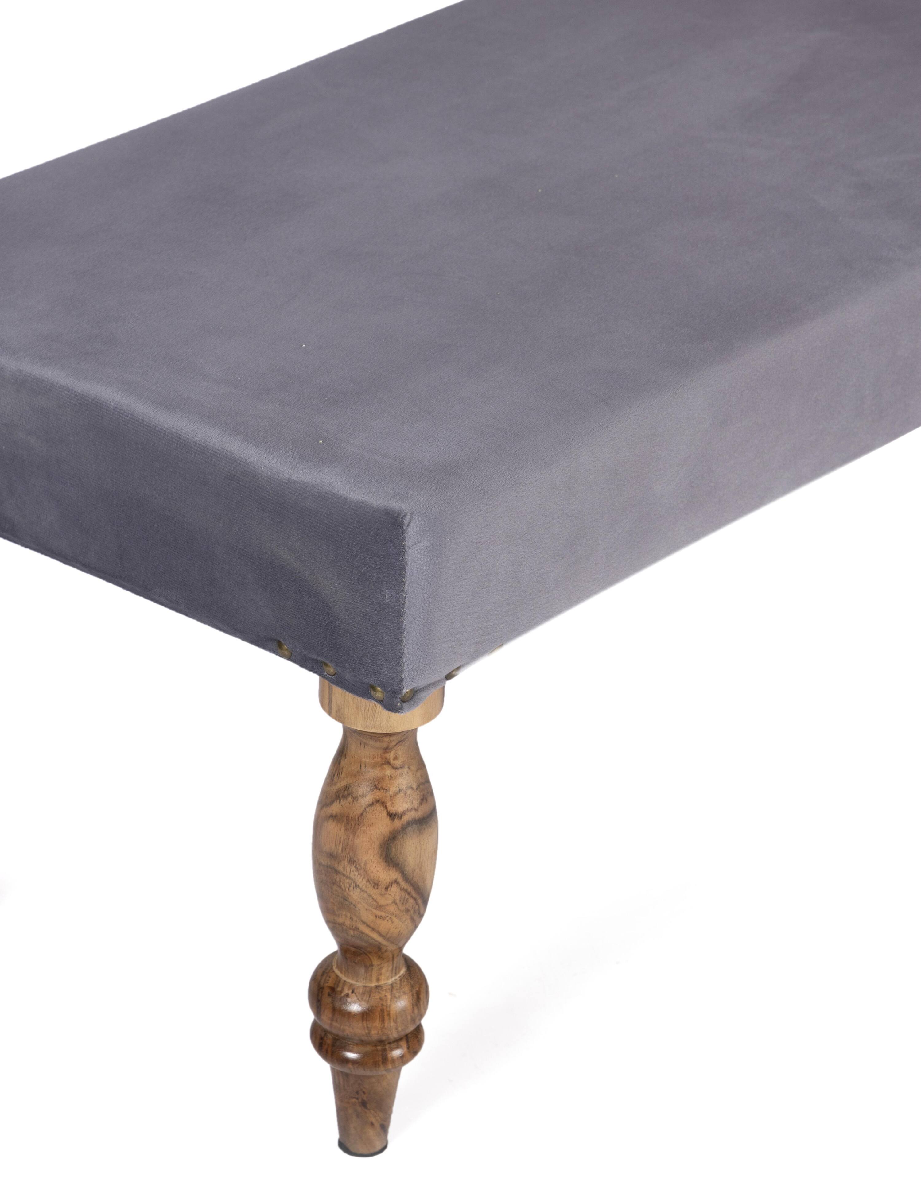 Cairo Sheesham Wood Accent 3 Seater Bench In Iron Grey Velvet