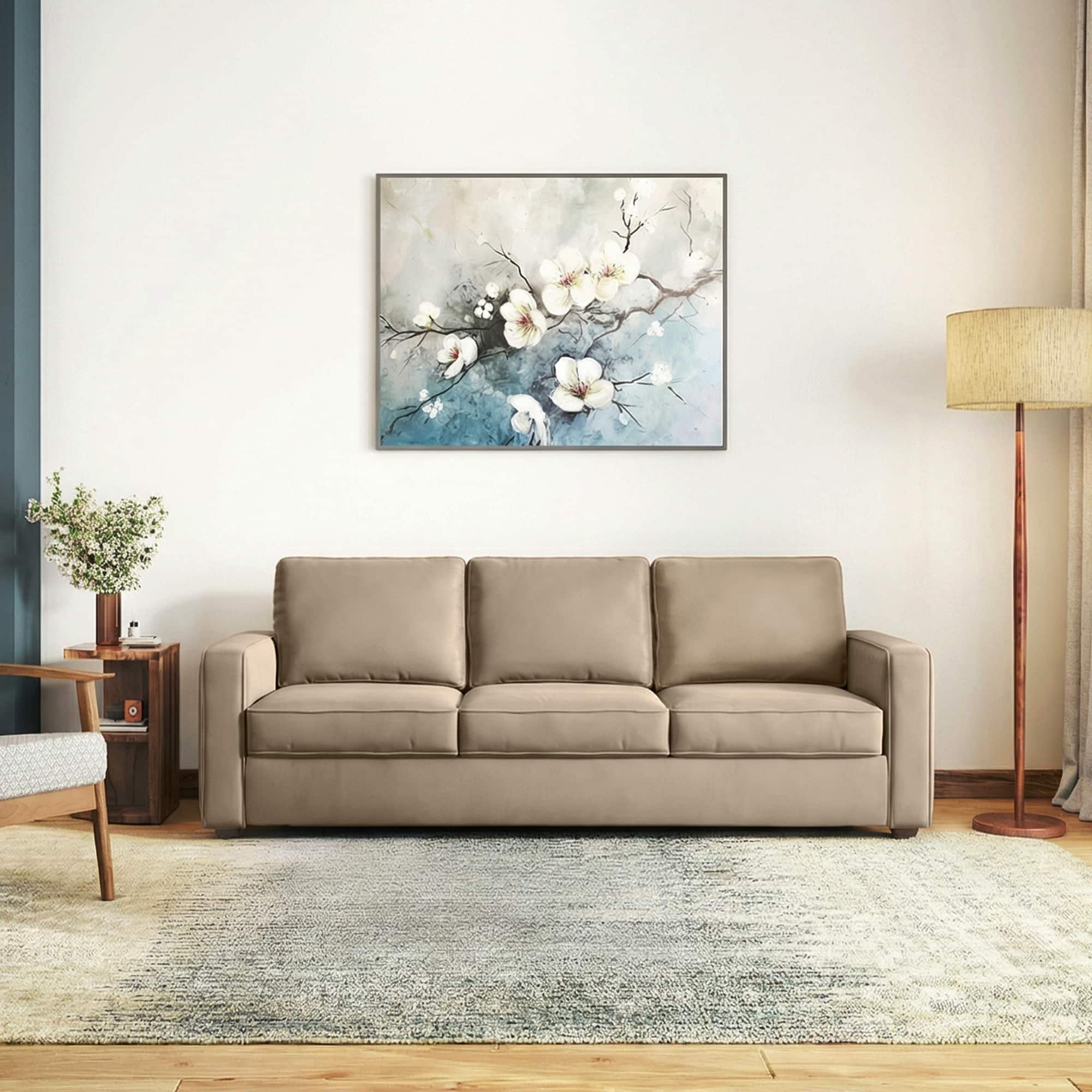 Apollo Compact High Back 3 Seater Fabric Sofa In Biscuit Velvet Colour