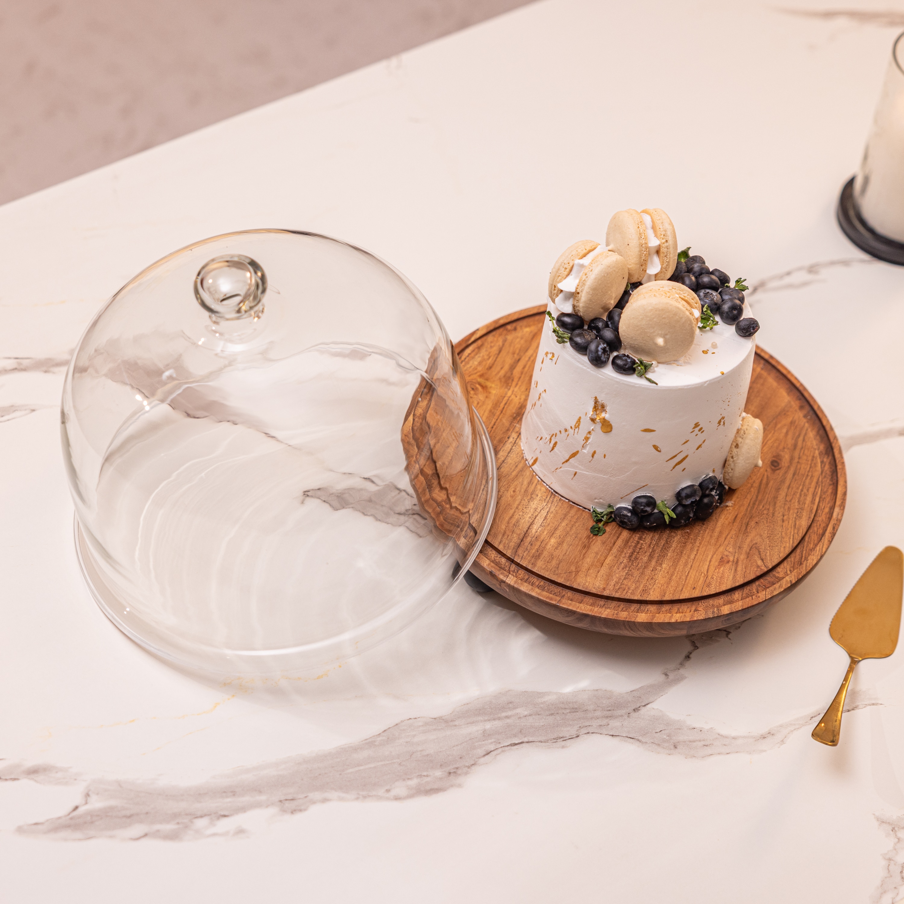 Ireka Homes Pastry Pod Acacia Wood Cake Stand with Glass Dome - Ireka Homes