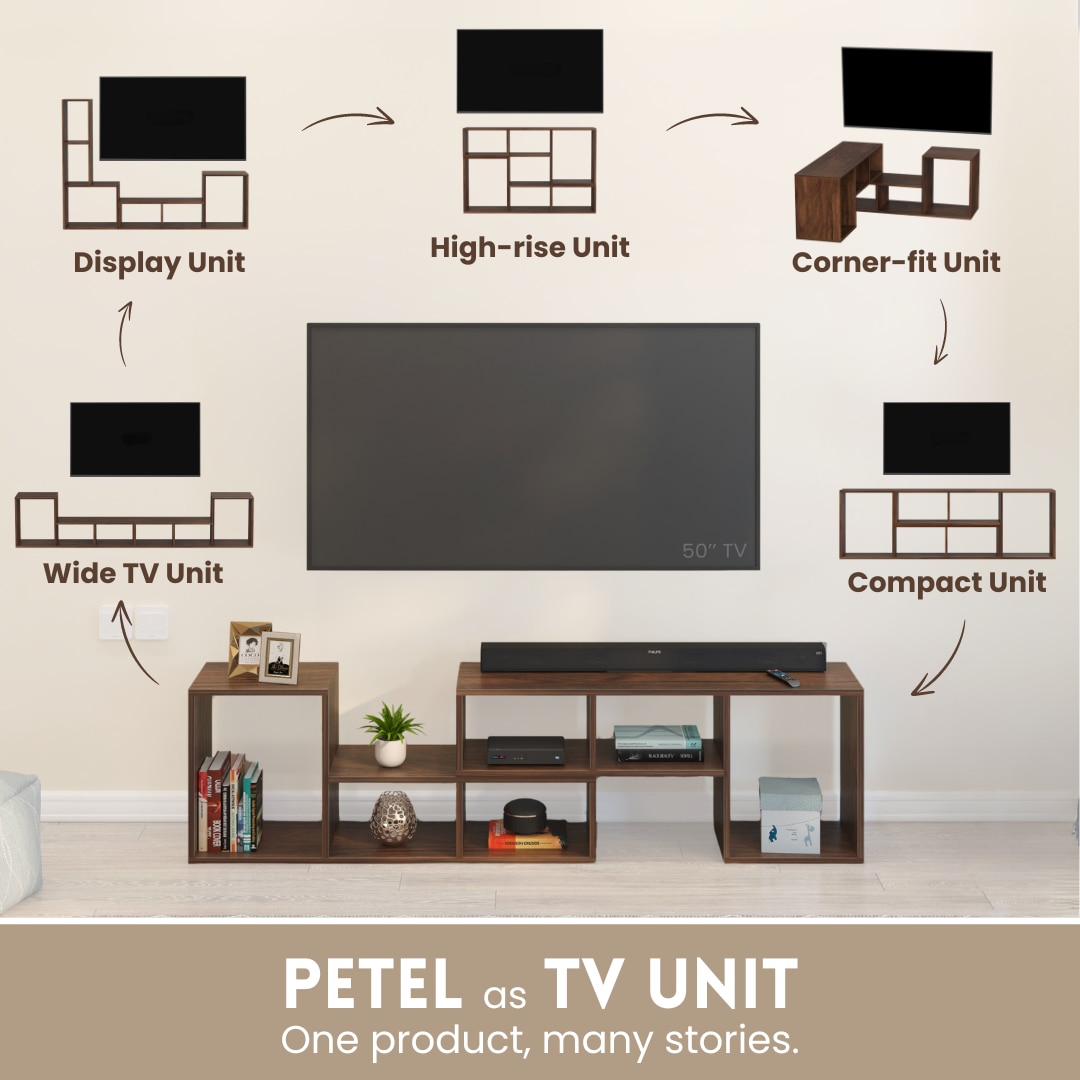 BLUEWUD Petel Engineered Wood TV Entertainment Unit/Versatile Adjustable TV Panel Stand & Storage Unit with 6 Compartments & Adjustable L-Shaped Shelves DIY Ideal Upto 65 Inches TV (Petel Brown Maple)