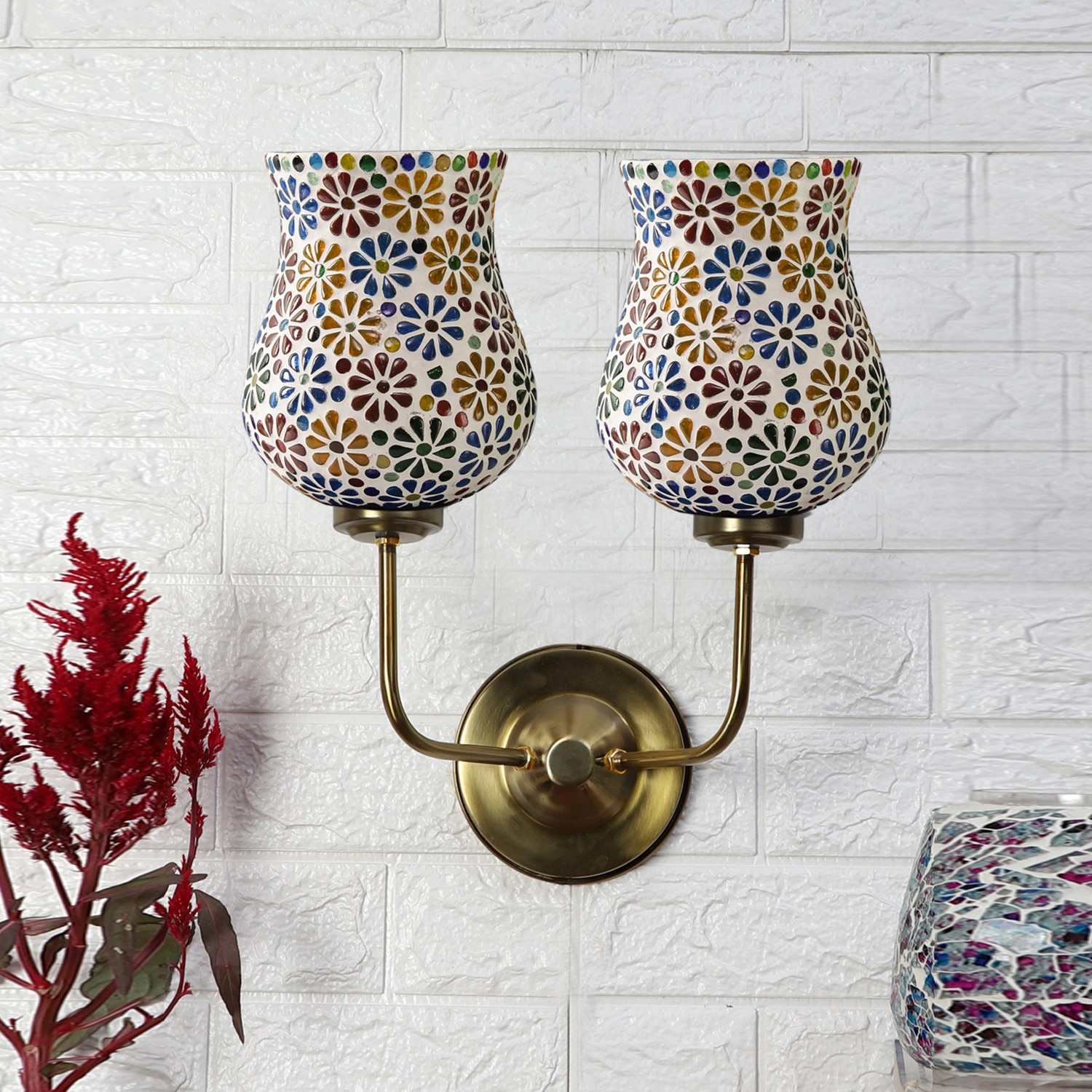 Devansh Metal Electric Wall Light in Gold Colour with Multicolor Shade Count of 2 Lights - Devansh